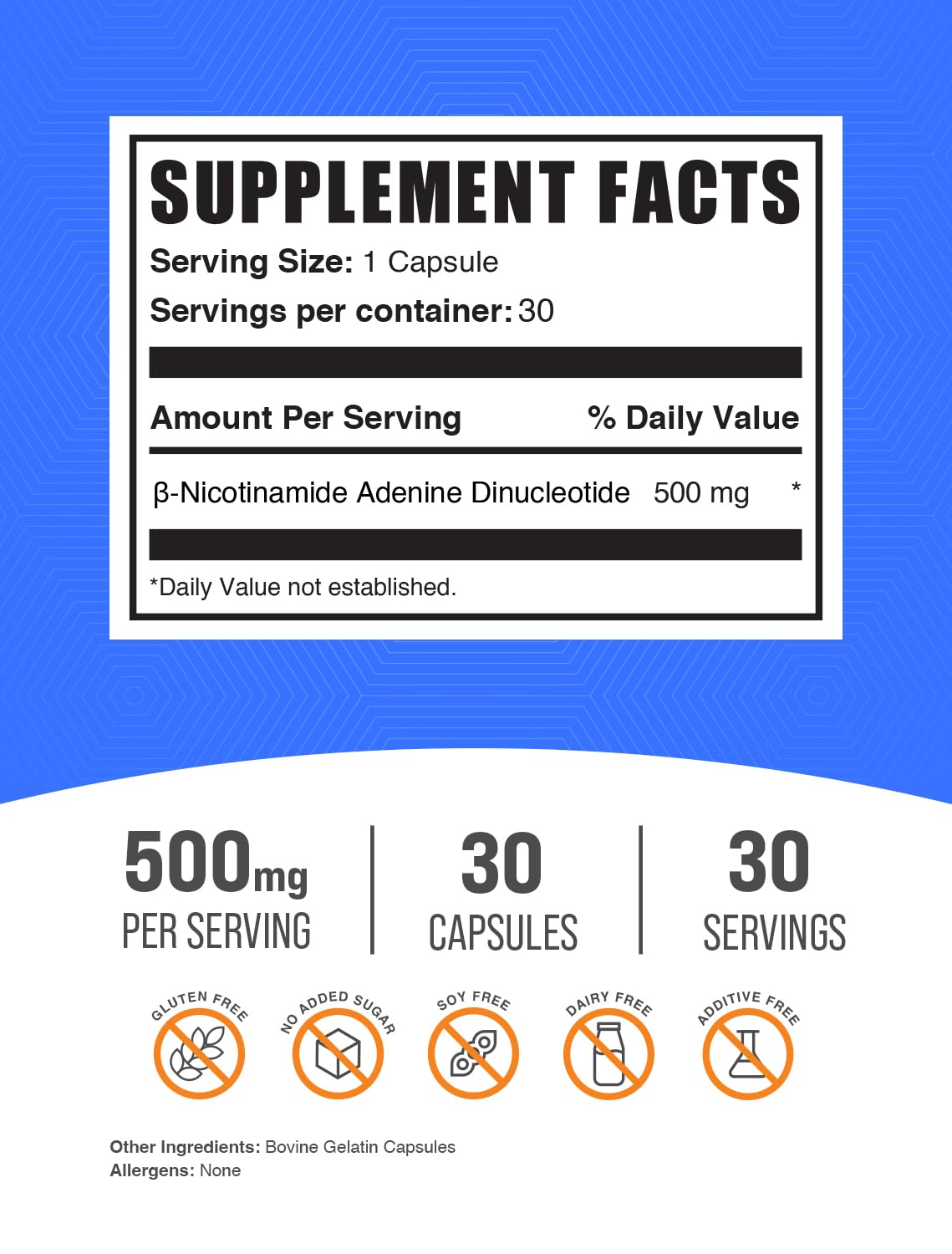 BulkSupplements NAD Capsules 500mg - Nicotinamide Adenine Dinucleotide, NAD Supplement, Capsule, 30 Count