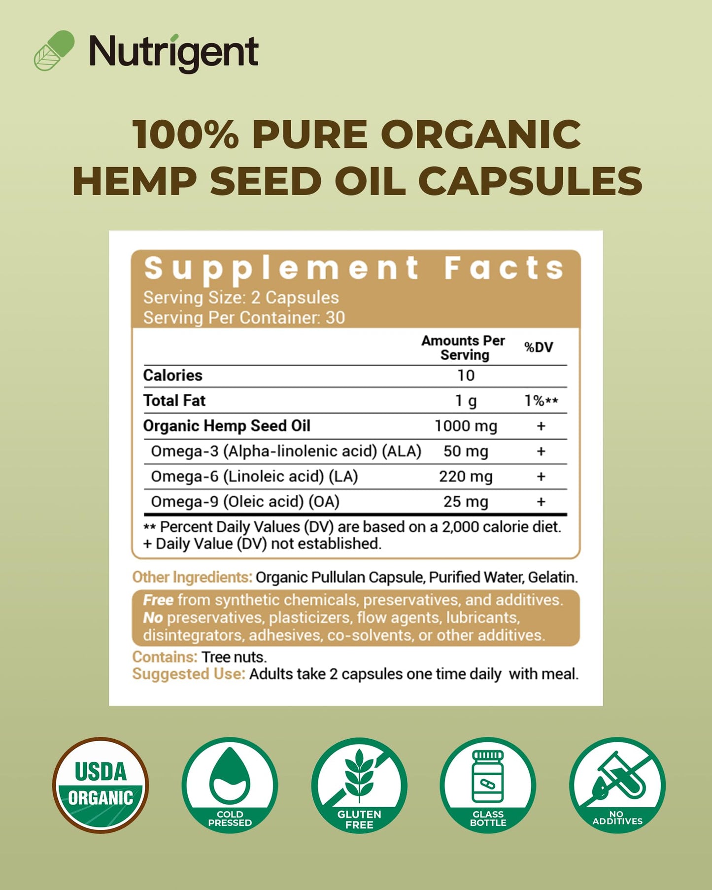 Nutrigent USDA Organic Hemp Seed Oil 1000 mg, Cold Pressed & 100% Pure, Plant-Based Omega 3-6-9 for Heart, Joint, Relaxation & Emotional Wellness, 60 Capsules