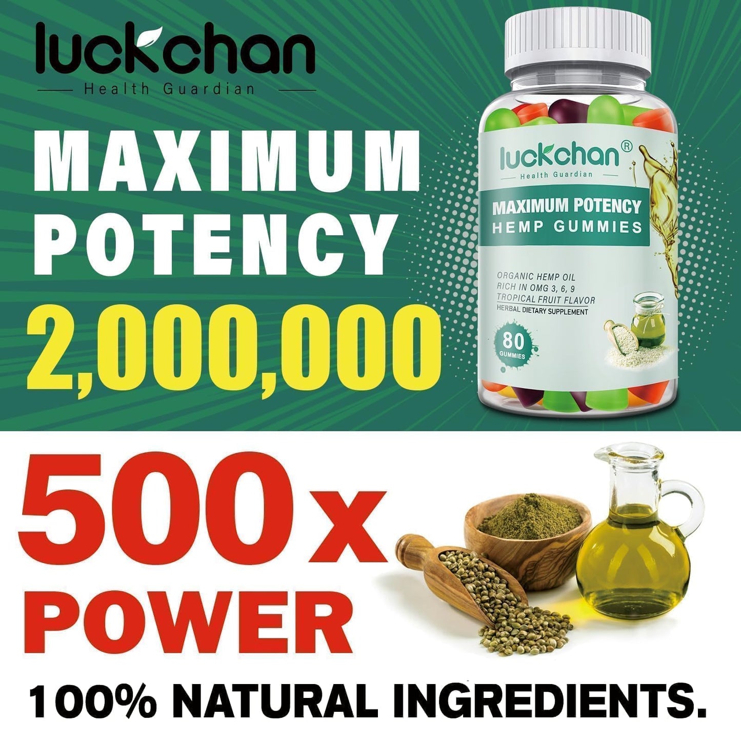 LUCKCHAN Hemp Gummies High Potency for Sleep, Pain, Anxiety - Pure Extra Strength Organic Hemp Oil Gummies, 80 Gummies