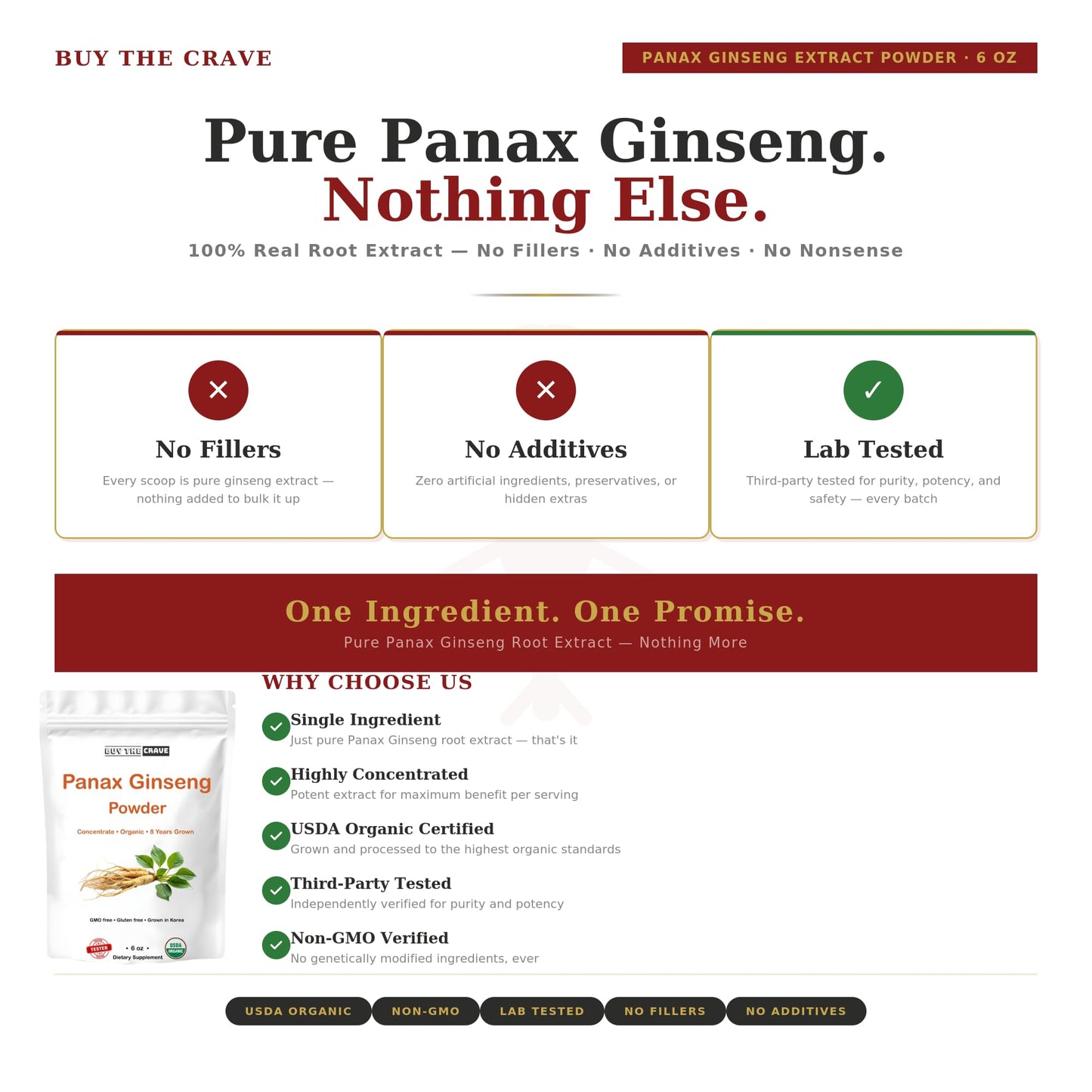 BUY THE CRAVE Organic Korean Panax Ginseng Root Extract Powder, Maximum Strength, with Active Ginsenosides, 6 oz