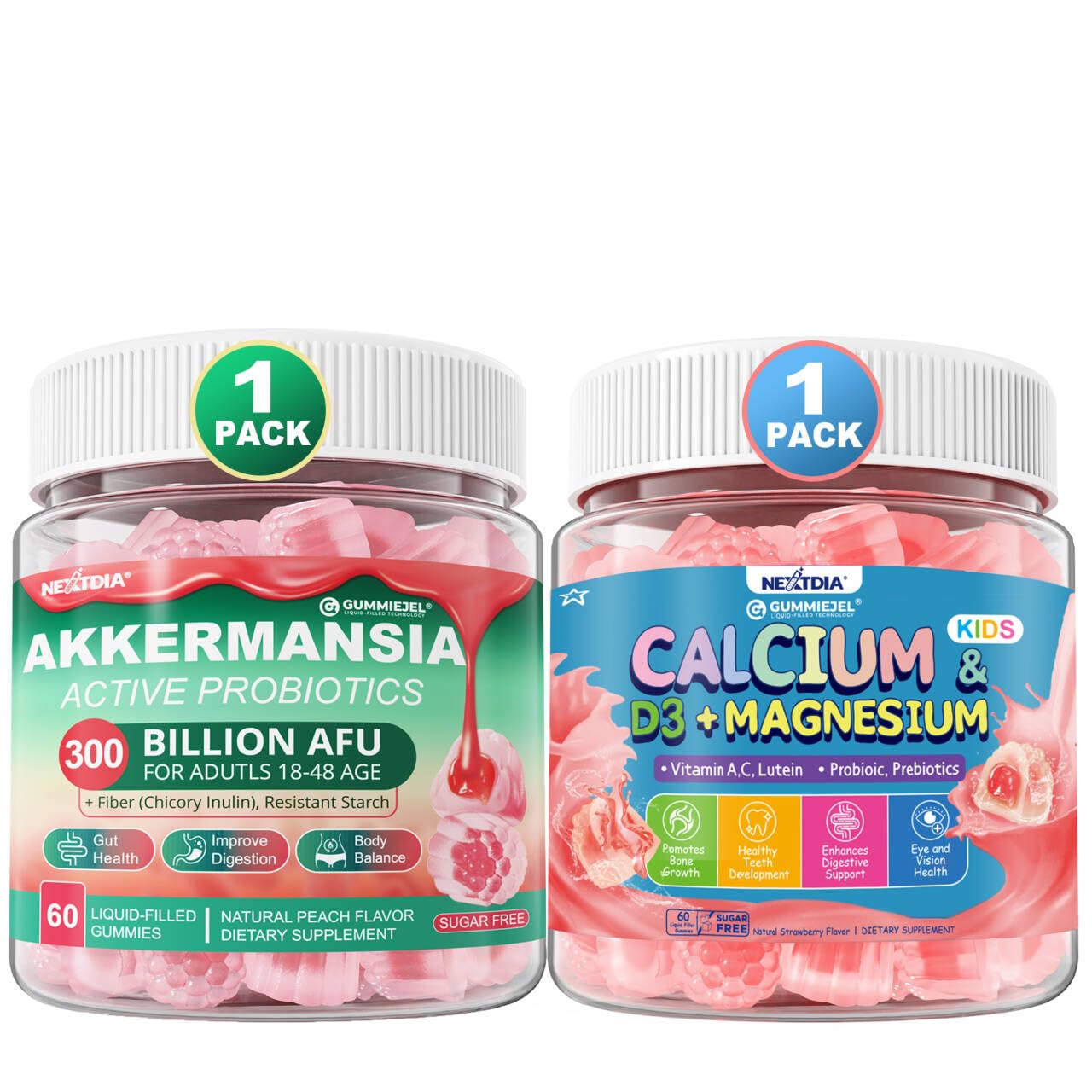 Nextdia Akkermansia Probiotics Gummies with Prebiotics Fiber & Calcium + D3 & Magnesium, 120 Gummies