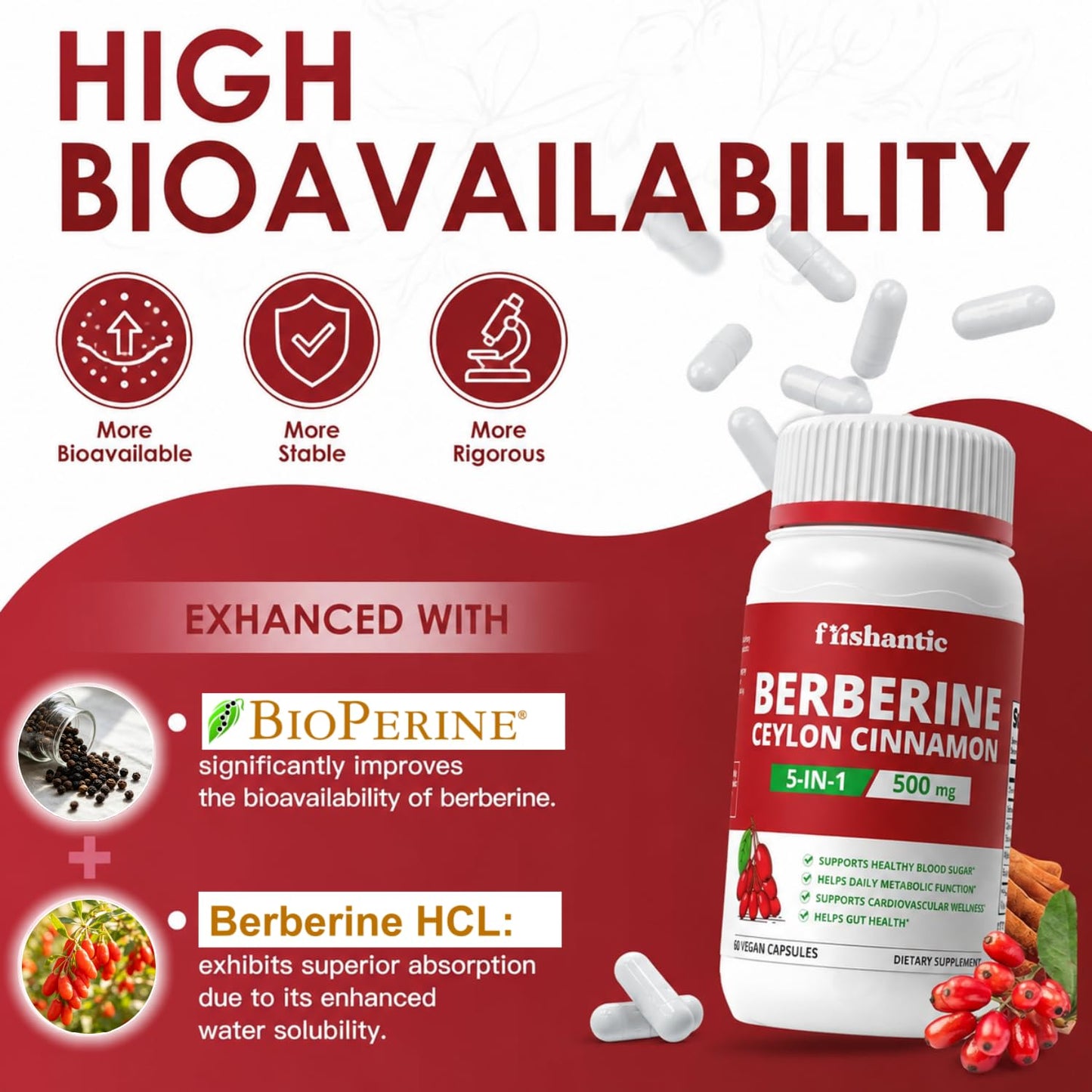Frishantic Berberine HCL 500mg with Ceylon Cinnamon, 5-in-1 Complex, Capsule, 60 Count