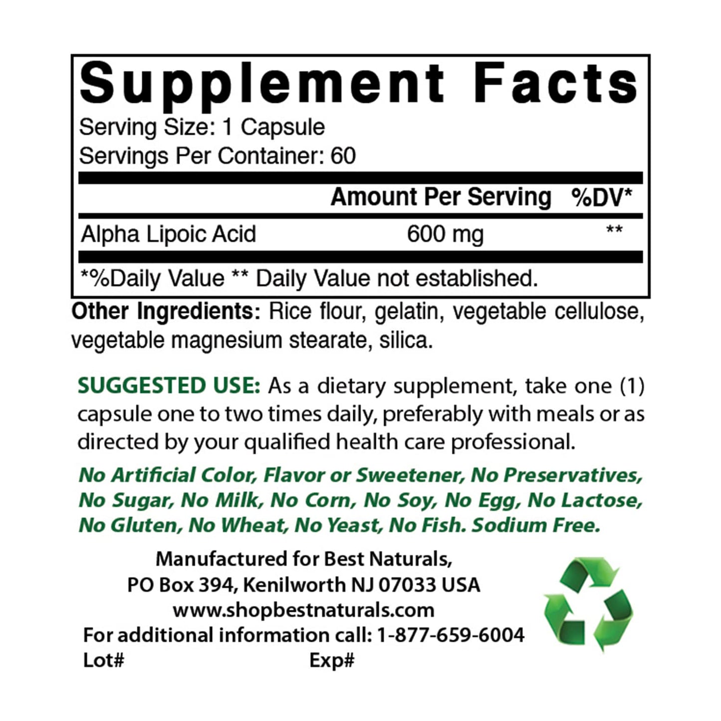 Best Naturals Alpha Lipoic Acid 600 mg Capsules 120 Count