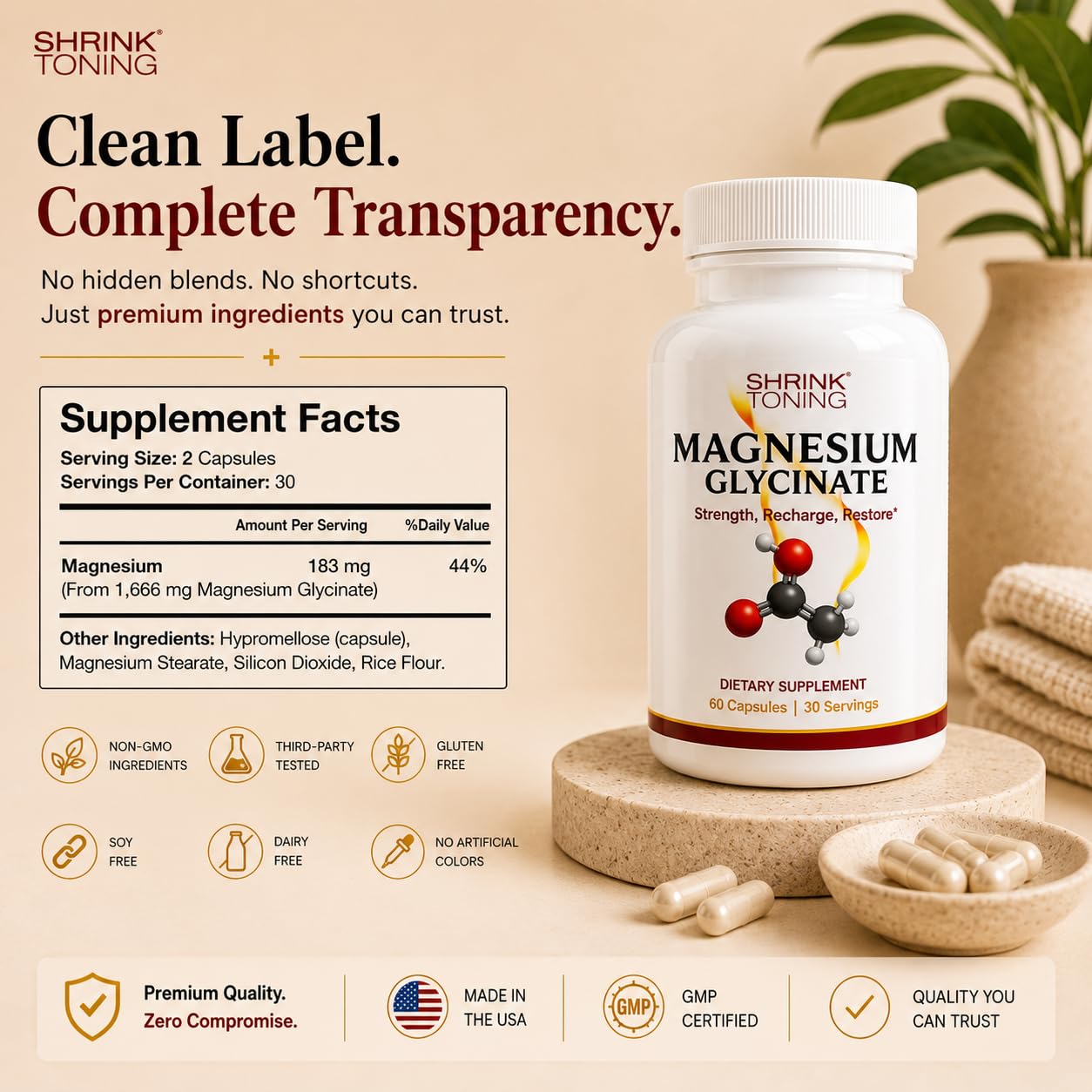 Shrink Magnesium Glycinate 1666 mg High Absorption Magnesium Supplement Supports Muscle Function, 60 Capsules