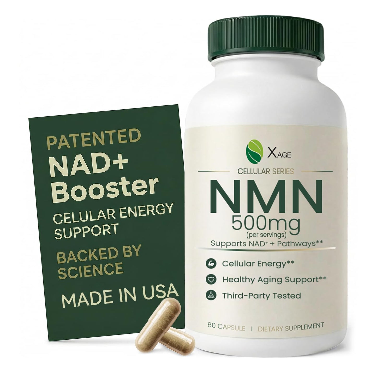 XAGE NMN Supplement 500mg with Quercetin EGCG Resveratrol & TMG Capsules, 60 Count