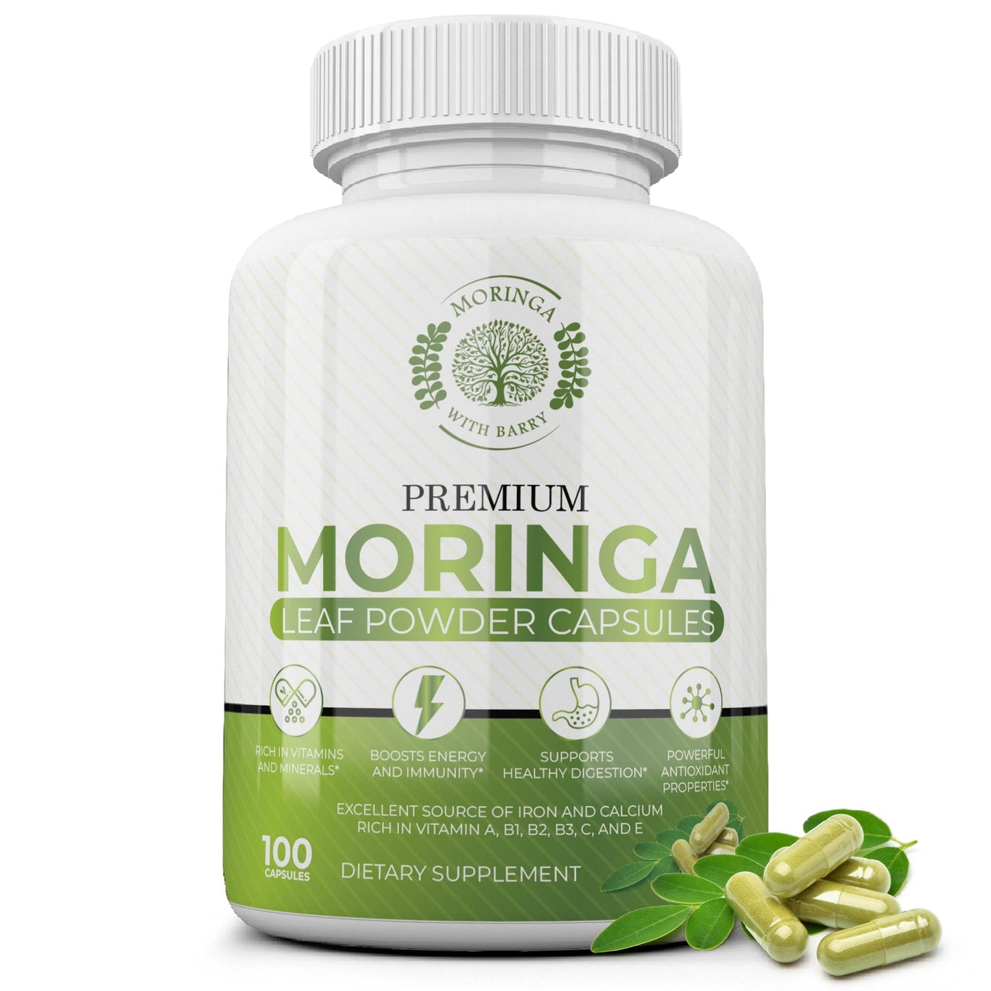 Moringa with Barry Moringa Capsules – 100% Pure Moringa Powder, Vegan Superfood Supplement for Energy, Immunity, Digestion & Vitality – Non-GMO, Gluten-Free – 100 Capsules