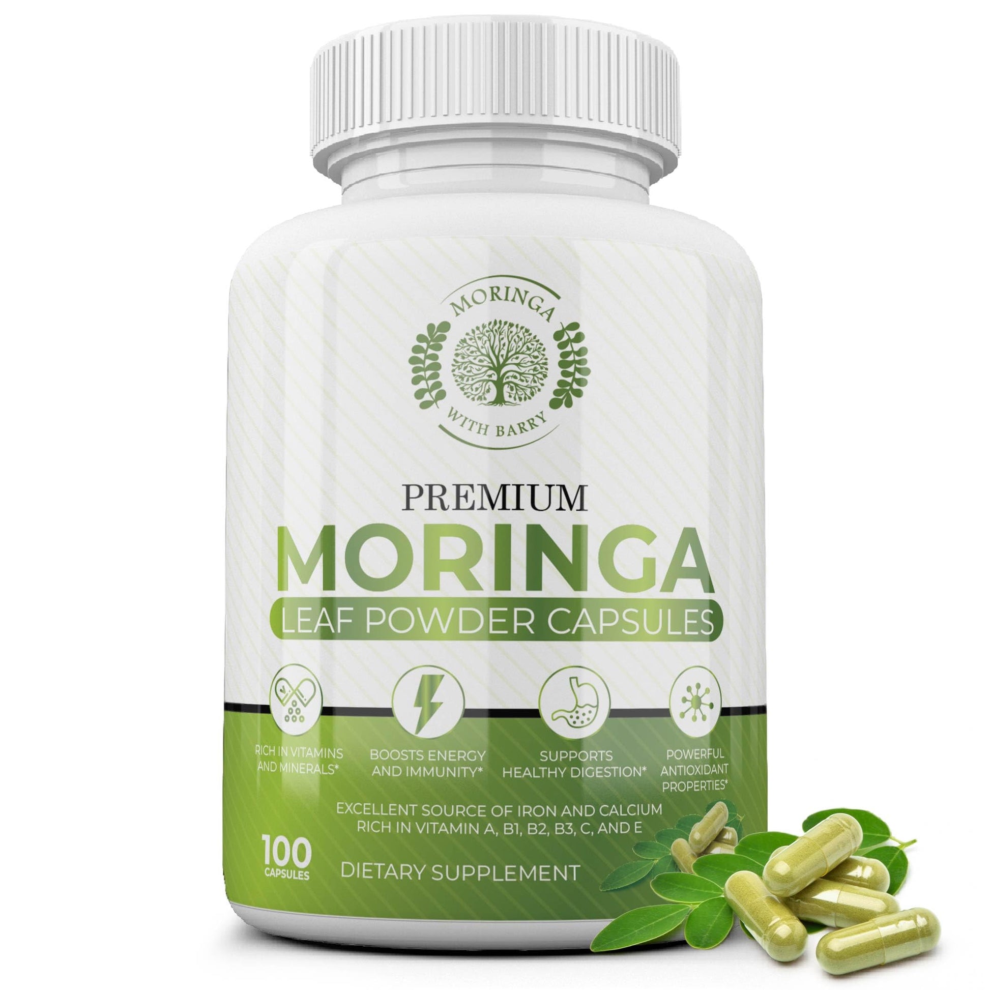 Moringa with Barry Moringa Capsules – 100% Pure Moringa Powder, Vegan Superfood Supplement for Energy, Immunity, Digestion & Vitality – Non-GMO, Gluten-Free – 100 Capsules