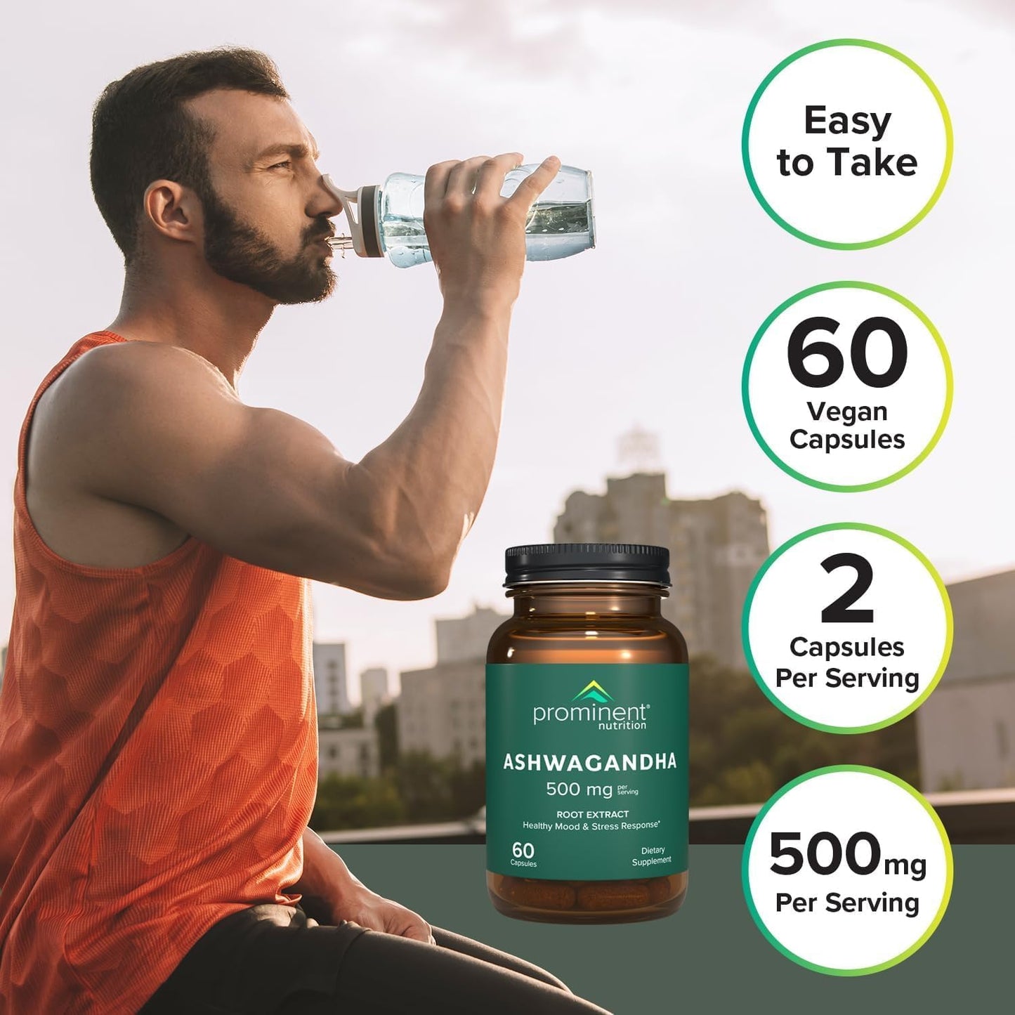 Prominent Nutrition Ashwagandha Root Extract 500 mg, Standardized to 2.5% Withanolides, Capsules, 120 Count