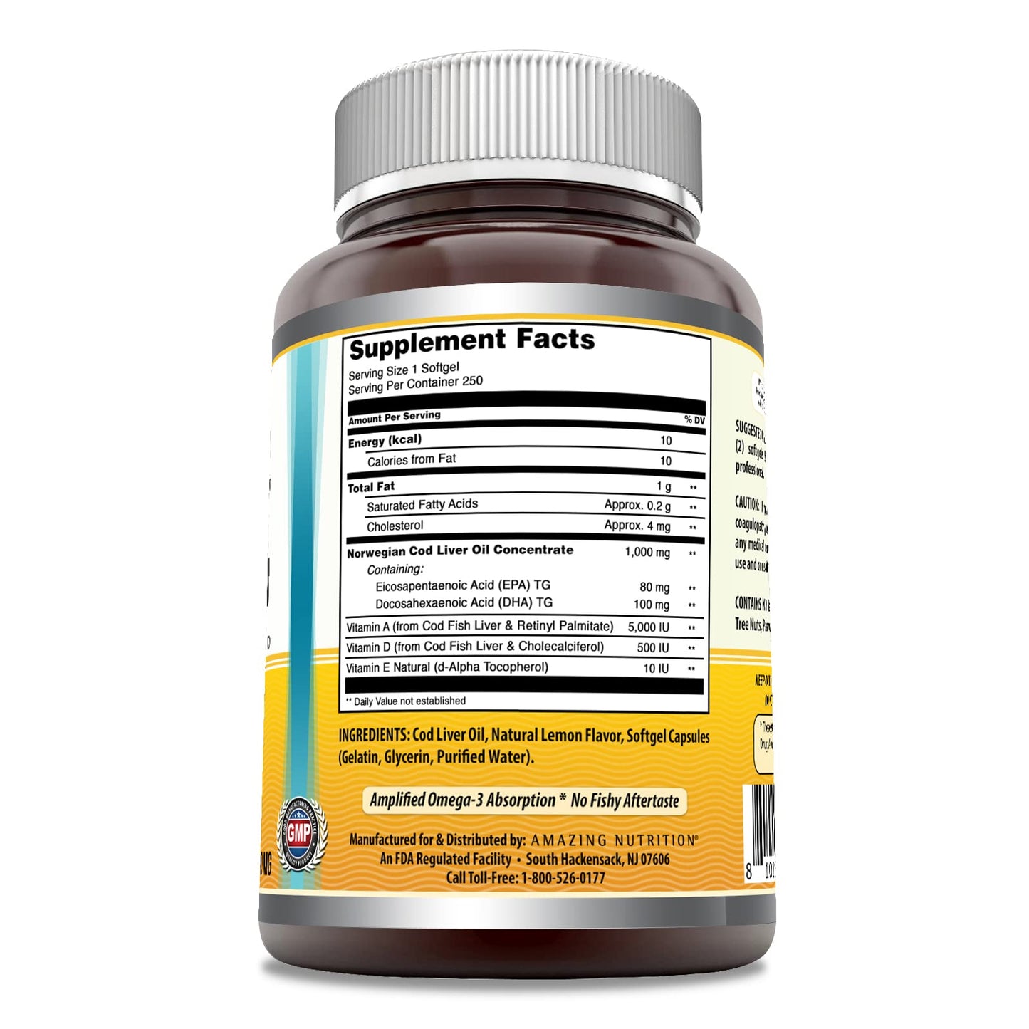 Amazing Nutrition Amazing Omega Norwegian Cod Liver Oil 1000 Mg Softgel, 250 Count