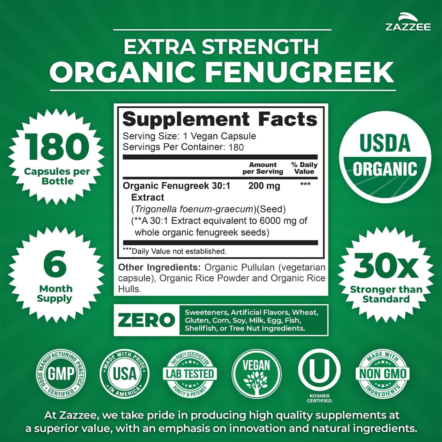 Zazzee USDA Organic Fenugreek 30:1 Extract Capsules, 180 Count