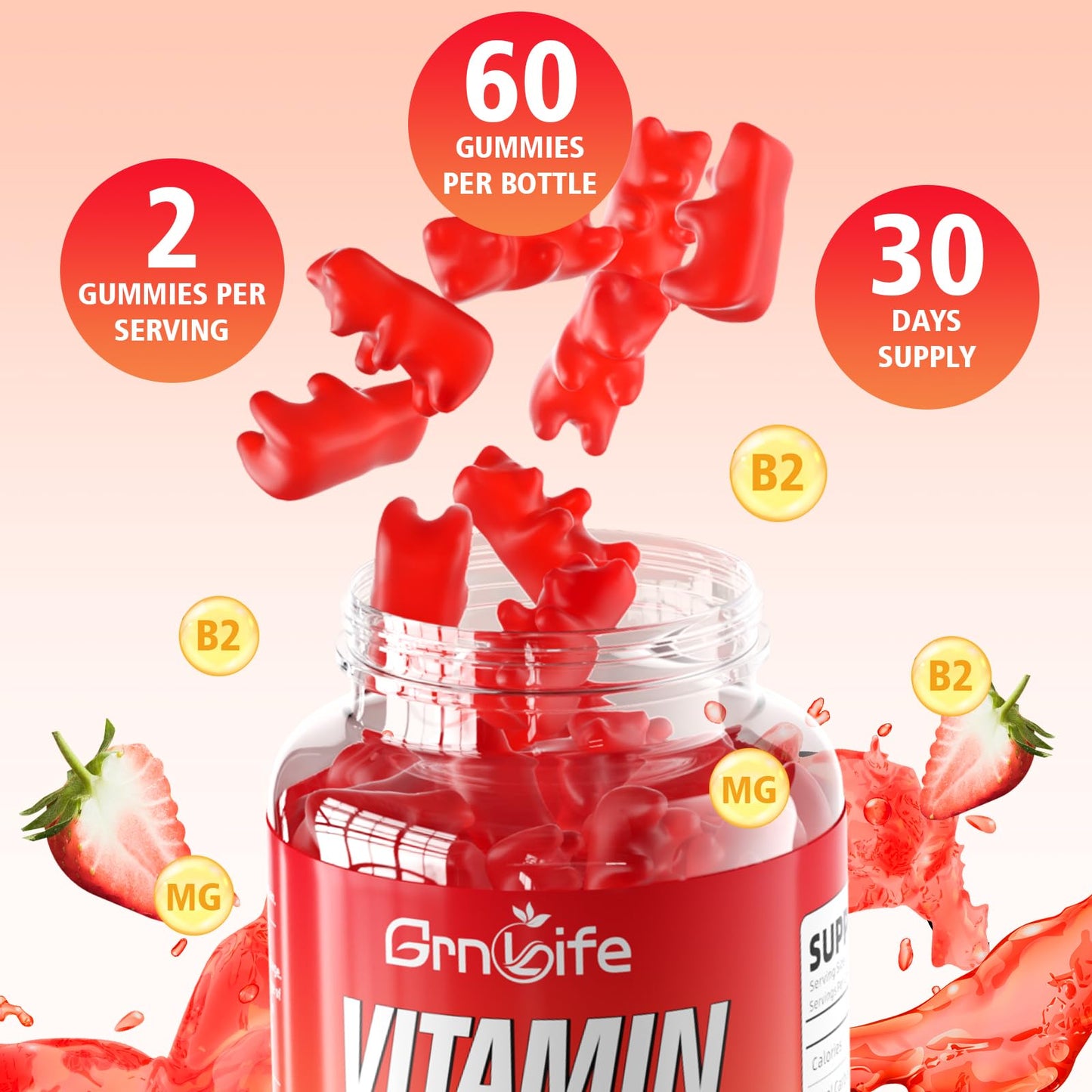 GrnLife Vitamin B2 Gummies Riboflavin 400mg with Magnesium, Strawberry Flavor, 120 Count