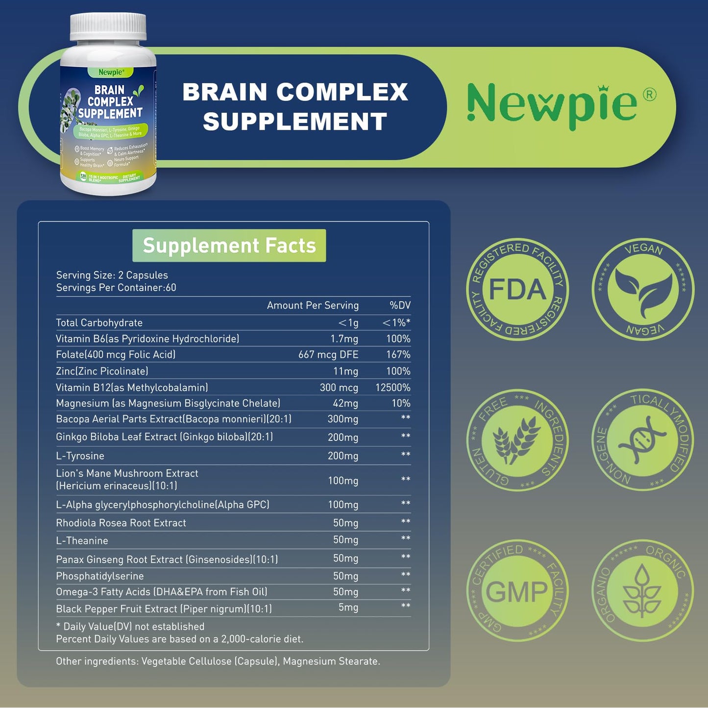 Newpie 15 in 1 Brain Nootropic Capsules for Memory & Focus with Bacopa Monnieri, Alpha GPC, Ginkgo Biloba, Lion's Mane, 120 Count