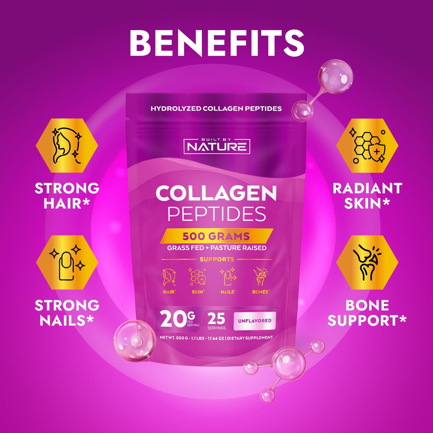 Built by Nature Collagen Peptides Powder Unflavored, Grass Fed, Non-GMO, 1.1 Pound
