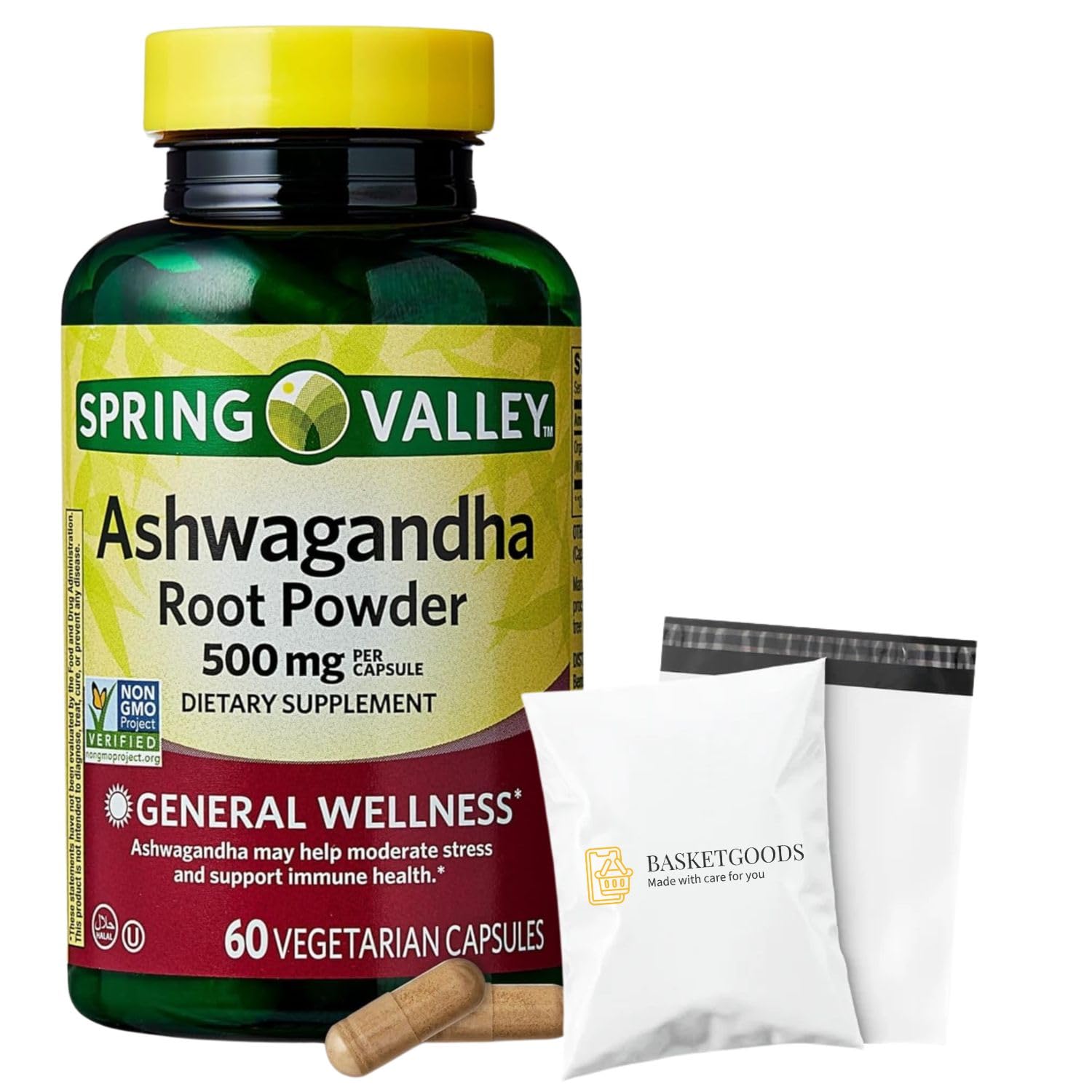 BASKETGOODS Ashwagandha Root Powder 500mg Capsules, 60 Count