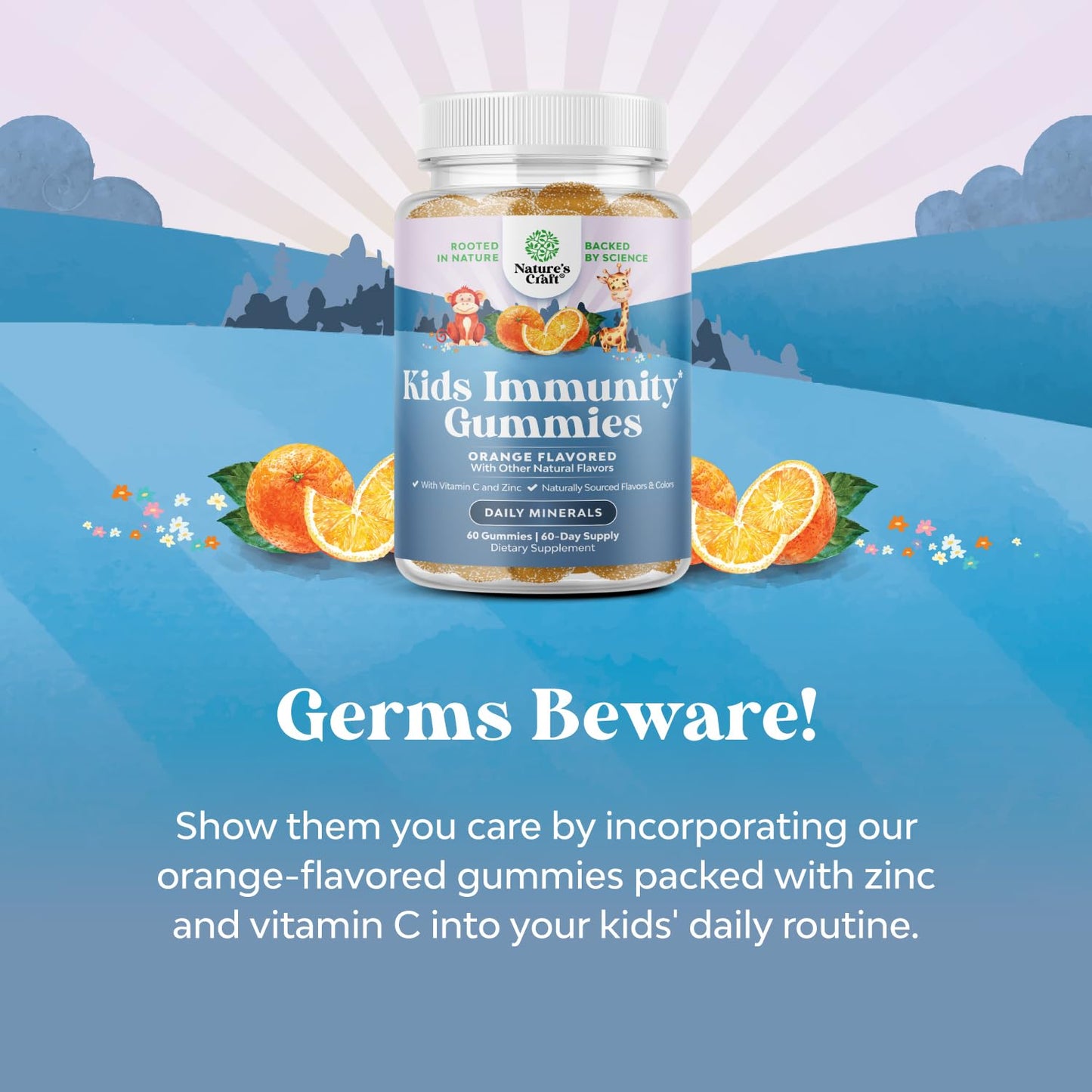 Natures Craft Kids Immunity Support Gummy Vitamin C with Zinc and Echinacea Immune Booster, Vegan Gluten Free & Gelatin Free Chewable, 60 Count