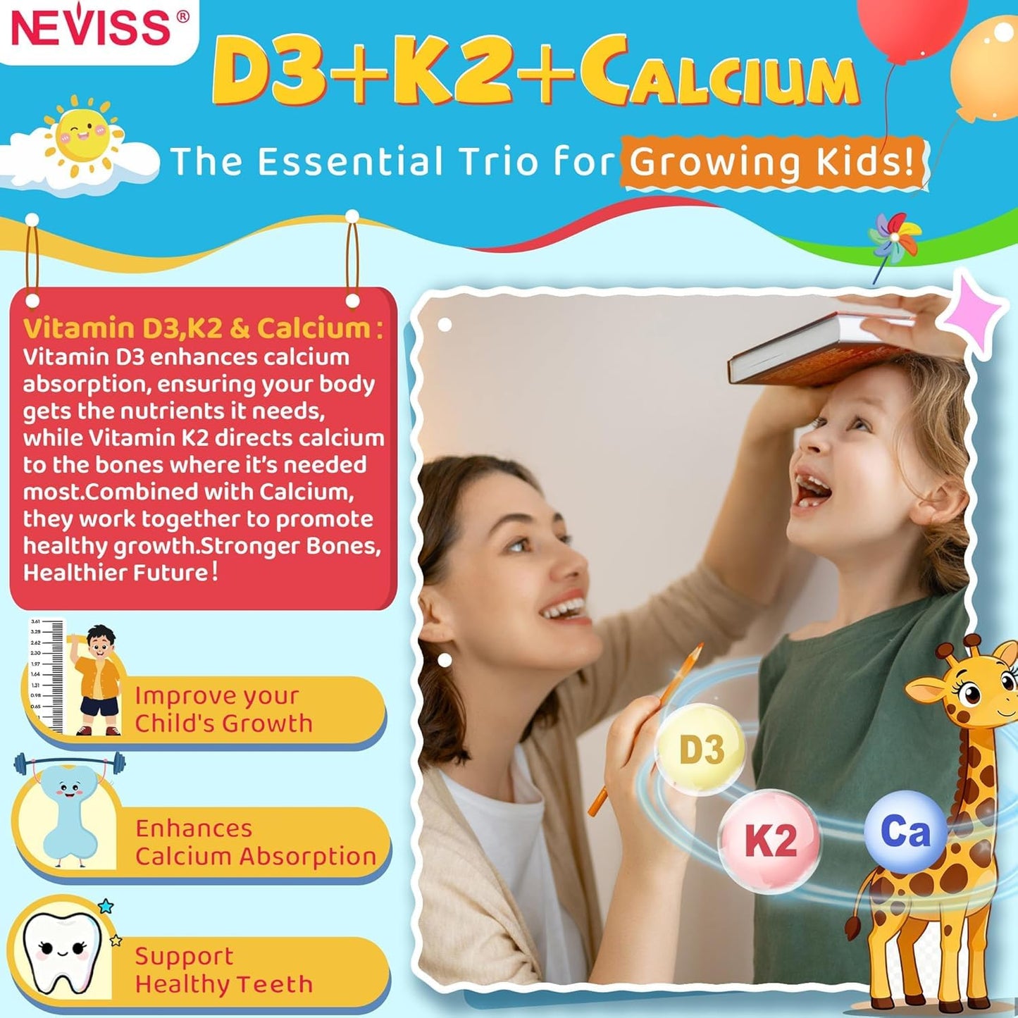 NEVISS Kids & Teens Vitamin D3 K2 Gummies + Calcium, Magnesium, Zinc, Phosphorus C, 60 Gummies