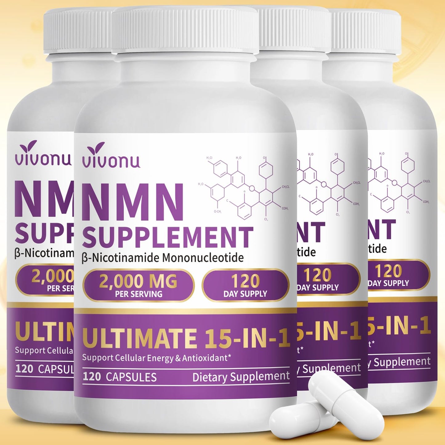 VivoNu 15-in-1 Liposomal NMN Capsule, 4 Bottles, 120 Capsules Each