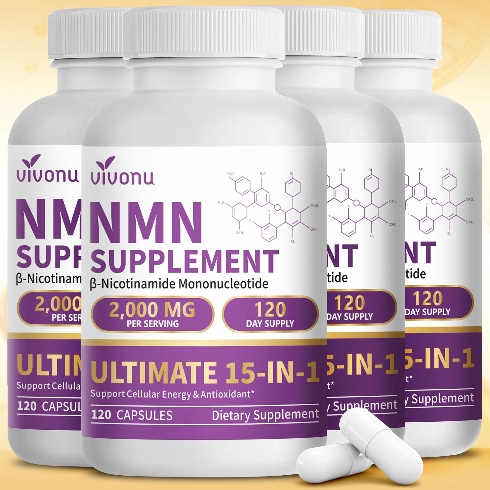 VivoNu 15-in-1 Liposomal NMN Capsule, 4 Bottles, 120 Capsules Each