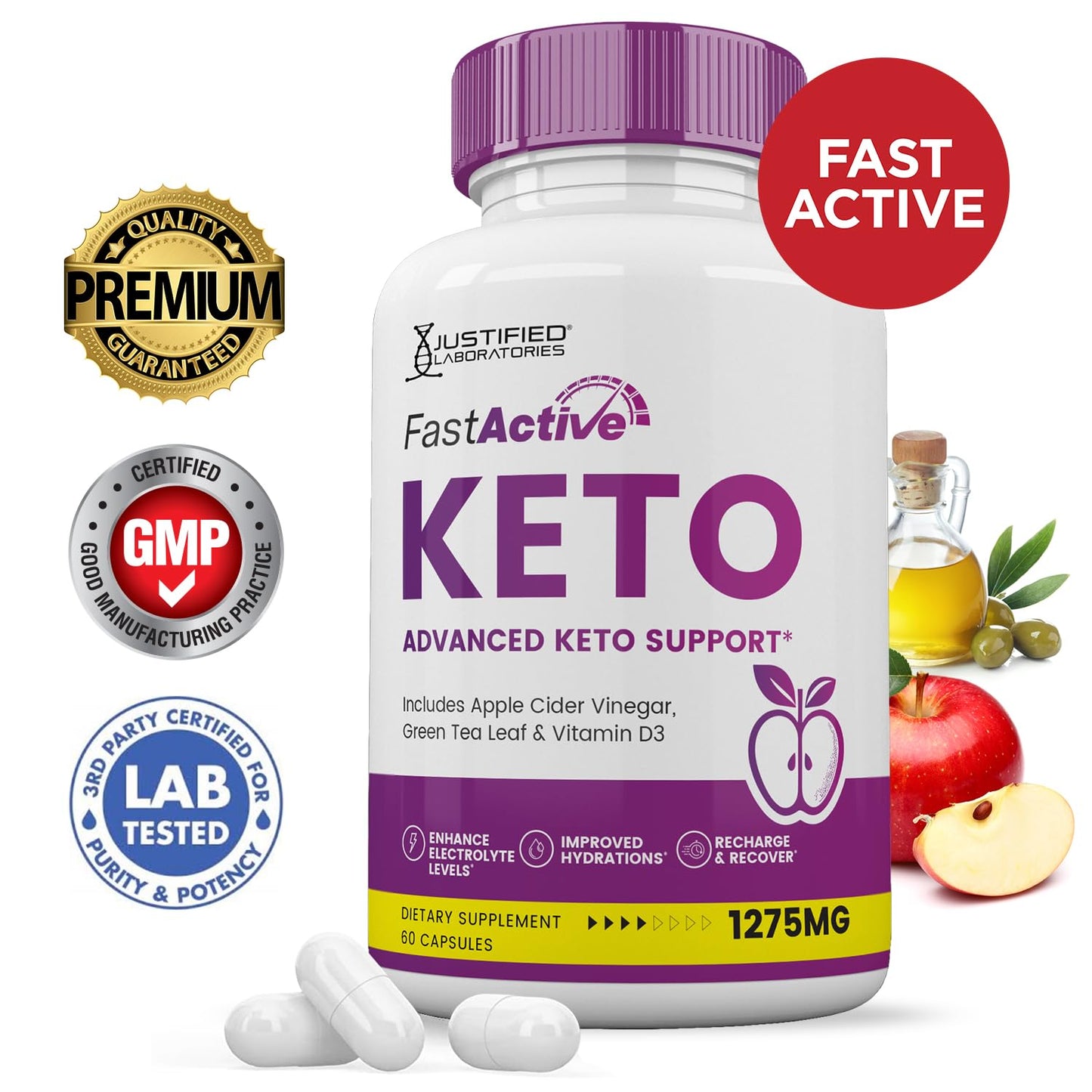 Justified Laboratories Fast Active Keto ACV Pills 1275MG Keto Support Blend Capsule, 60 Capsules