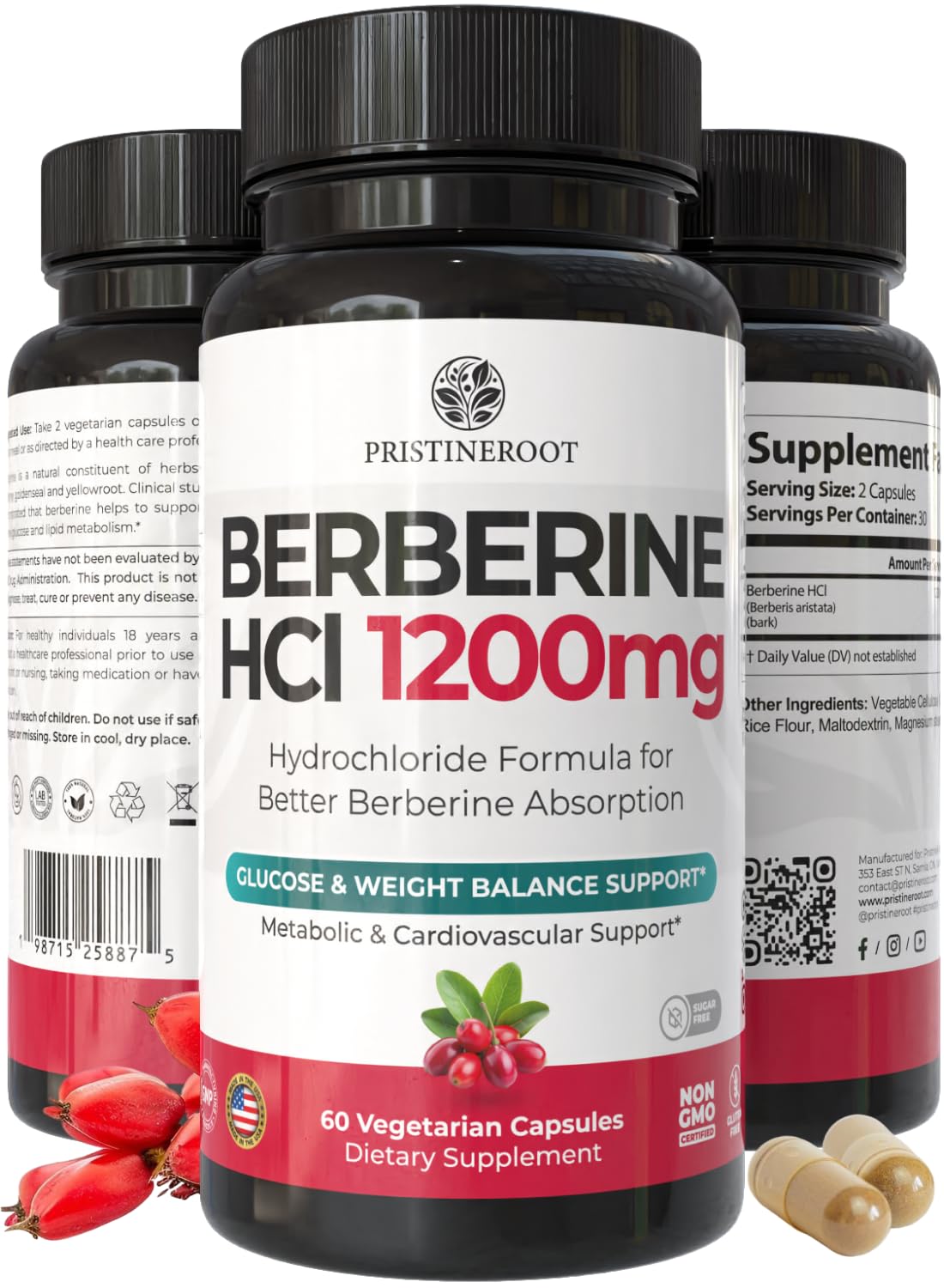 PristineRoot Berberine Supplement 1200mg Capsules, 60 Count