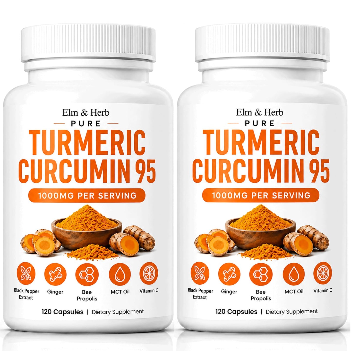 Vlsdoin Elm & Herb Pure Turmeric Curcumin 95 Turmeric Curcumin Supplement with Black Pepper Bee Propolis Ginger Fat Soluble Vitamin C, 120 Capsules