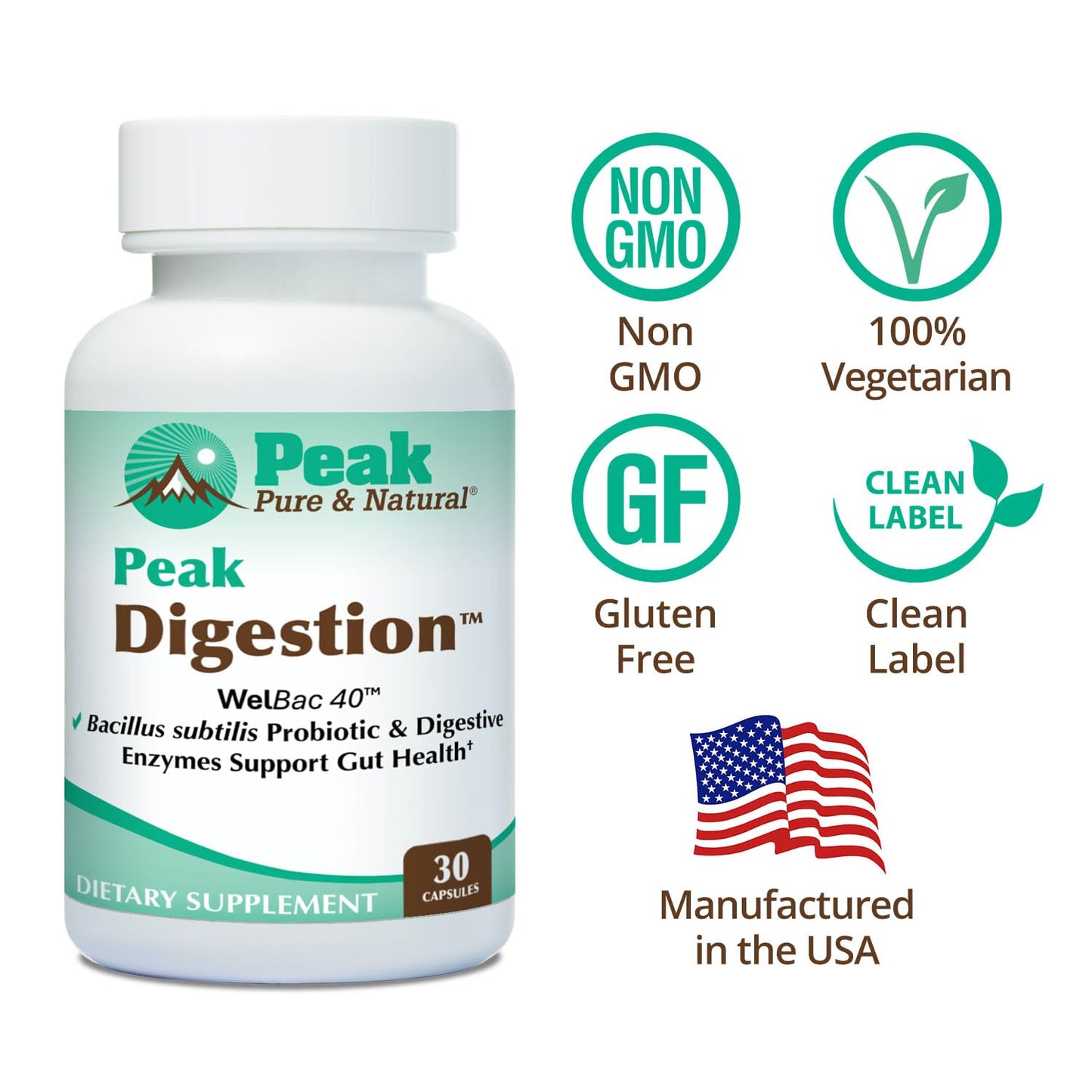 Peak Pure & Natural Peak Digestion Probiotic Supplement - Digestive Enzymes with Bacilus Subtilis Non Dairy Probiotic for Optimal Gut Health - Supports Gluten Digestion, Helps Deter Bloating & Constipation Capsules 30