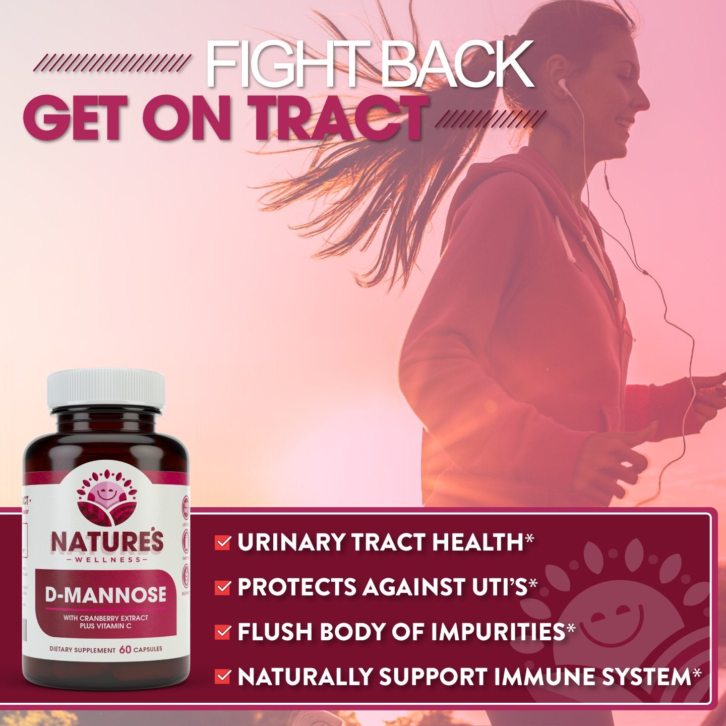 Natures Wellness D-Mannose with Cranberry Extract & Vitamin C, Veg Capsules, 60 Count