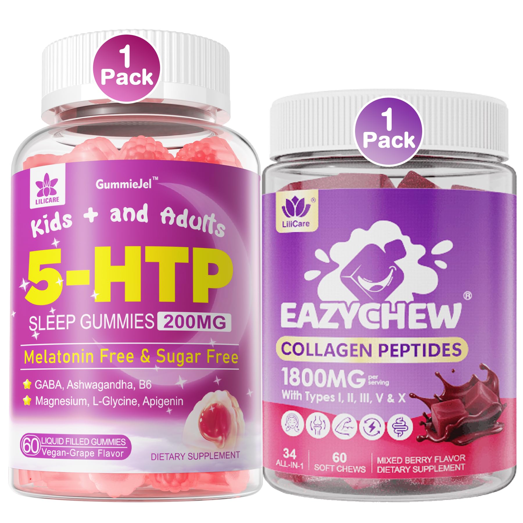 LILICARE 5HTP Gummies & Collagen Peptides Soft Chews 3000mg, 120 Count