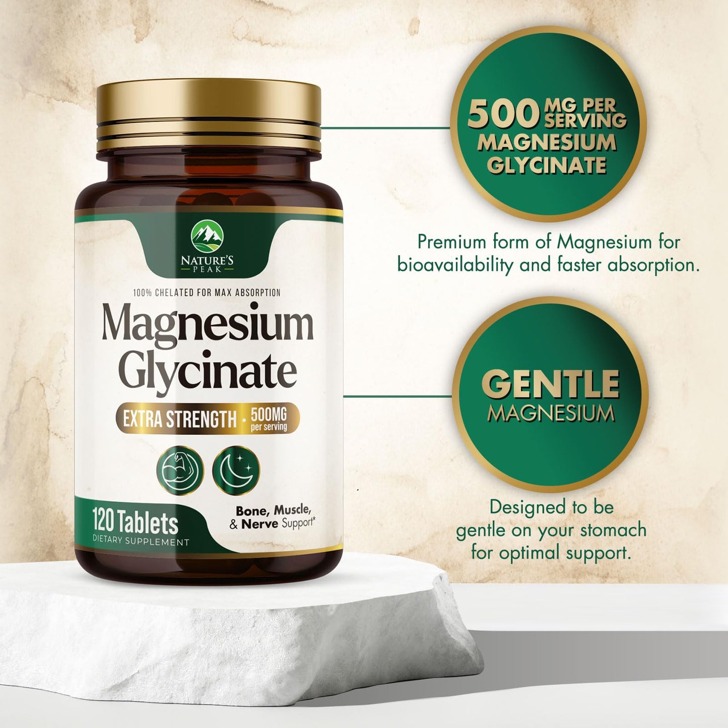 Nature's Peak Magnesium Glycinate 500mg Per Serving - Chelated Magnesium Supplement for High Absorption - Muscle, Bone & Heart Health Support - Easy on Stomach, Non-GMO, Vegan - 120 Tablets