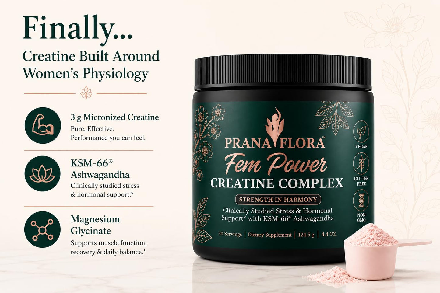 Prana Flora FemPower Creatine for Women with KSM-66 Powder, 4.4 Ounce