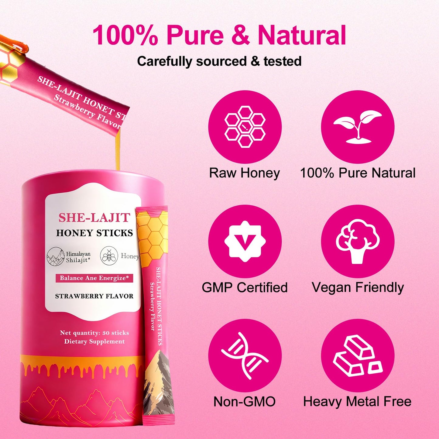 Glabrskise Shilajit Honey Sticks for Women with Shatavari & Saffron, 75%+ Fulvic Acid, 85+ Trace Minerals Gummies, 30 Count