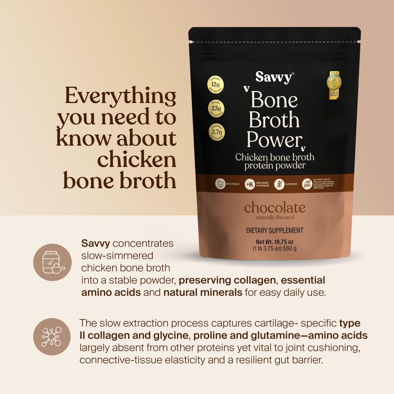 SAVVY Bone Broth Power Chocolate Protein Powder, 560g (16 Servings)