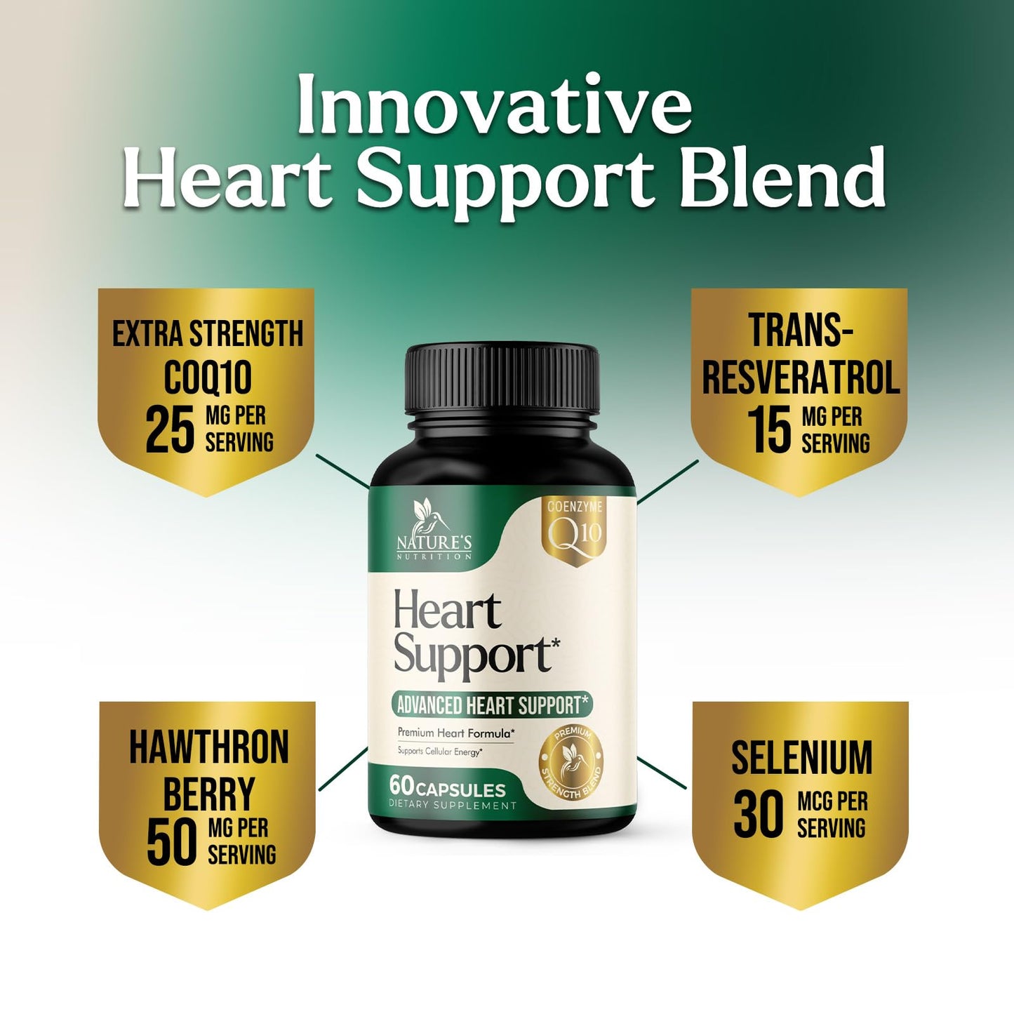 Nature's Nutrition Heart Health Supplement – Complete Heart Support Formula for Women & Men, with CoQ10, B Vitamins, L-Arginine, Hawthorn, Resveratrol – Natural Nitric Oxide Energy Production – Made USA, 60 Capsules