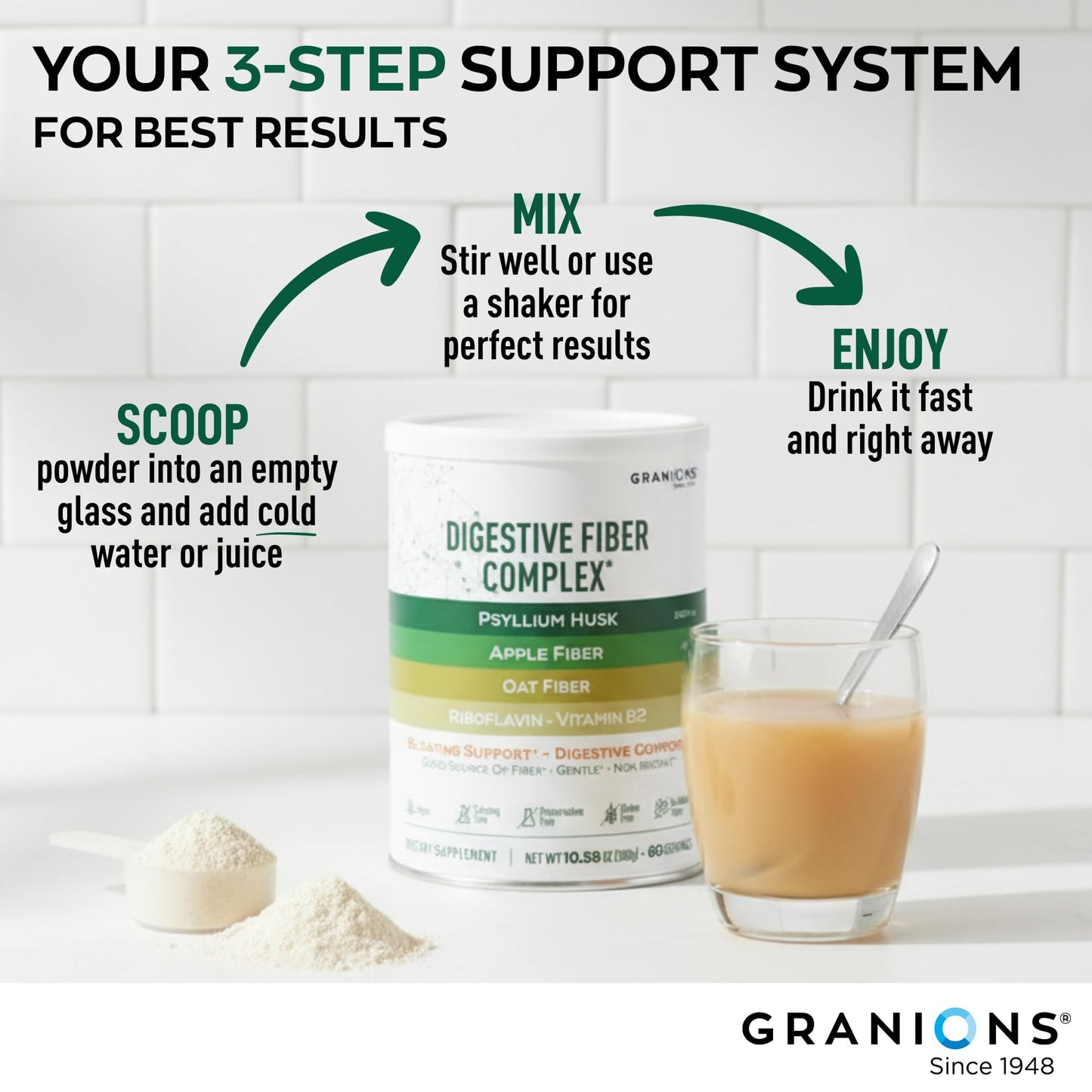 Granions Psyllium Husk 4in1 Digestive Fiber Supplement, Gut Health & Bloat Relief for Women and Men, Soluble & Insoluble Psyllium Husk Fiber, Vitamin B2, Vegan, Unflavored, Sugar-Free, 10.6 Ounce Powder