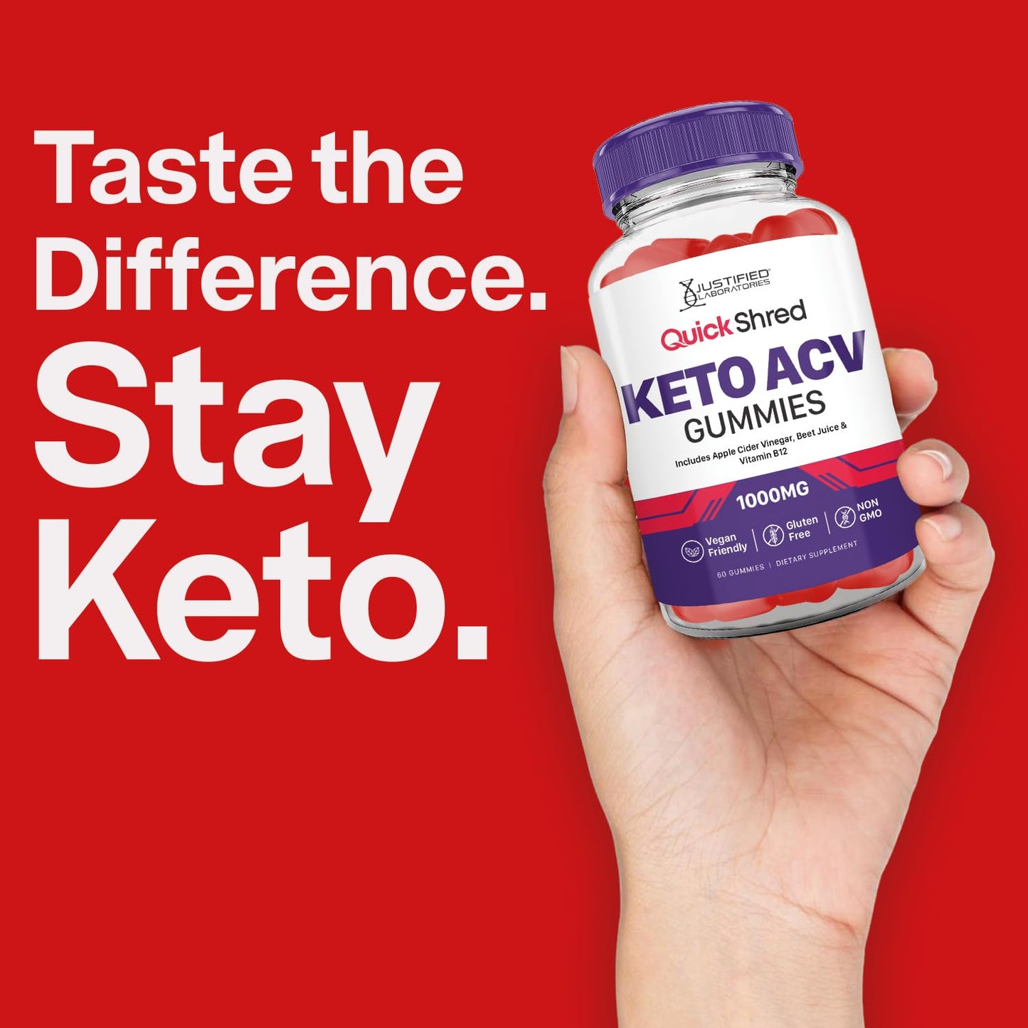 Justified Laboratories Quick Shred Keto ACV Advanced Formula 1000mg Apple Cider Vinegar with Pomegranate Beet Juice Powder & B12, Vegan, Non-GMO, 60 Gummies
