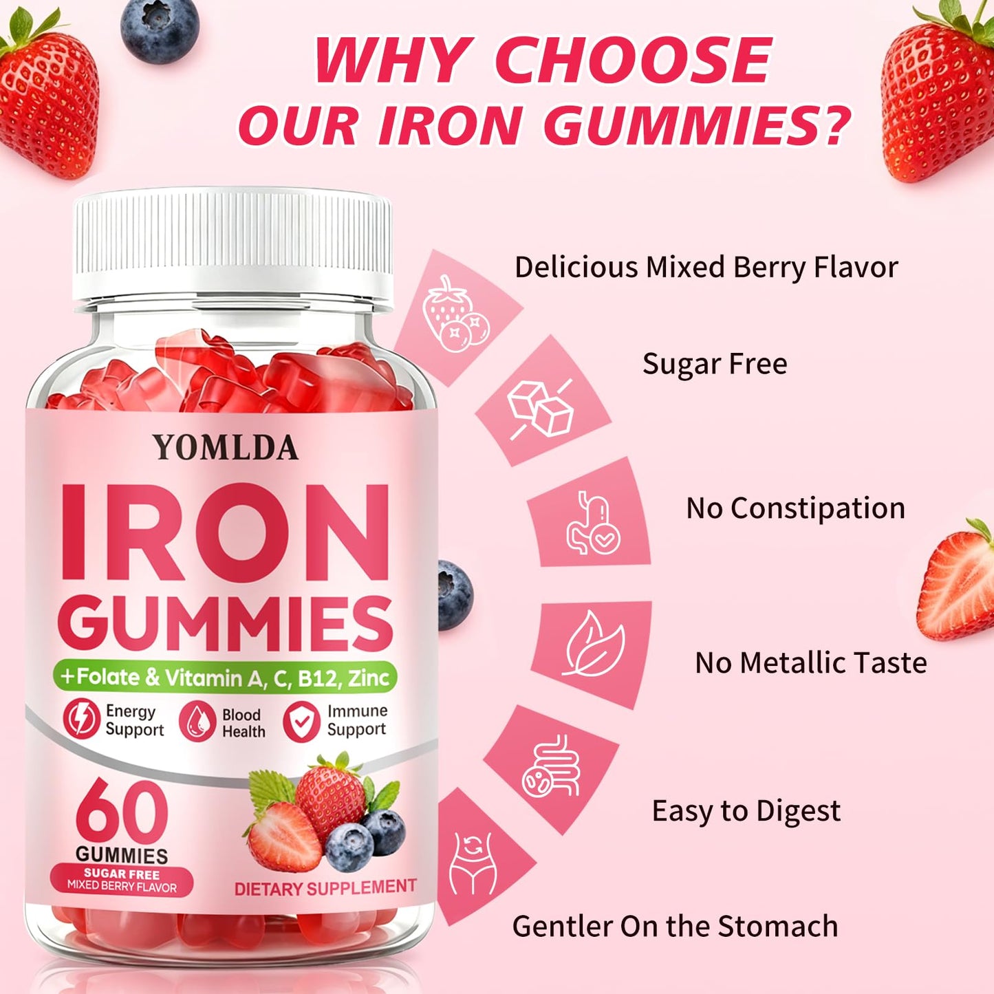YOMLDA Iron Gummies for Women, Men & Kids - Vegan Sugar-Free with Vitamin C, A, B-Complex & Folate for Energy, Blood & Immune Support, 60 Gummies