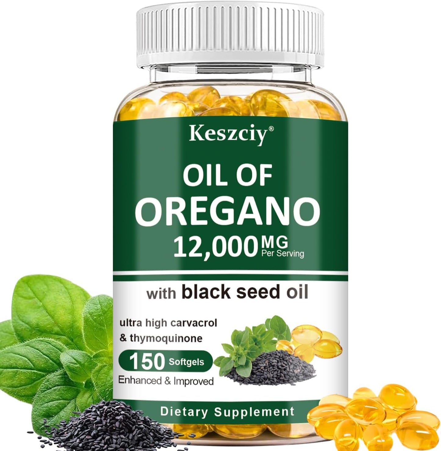 Keszciy Oil of Oregano with Black Seed Oil, 2 in 1 Oregano Supplement for Immune Health Softgels, 150 Count