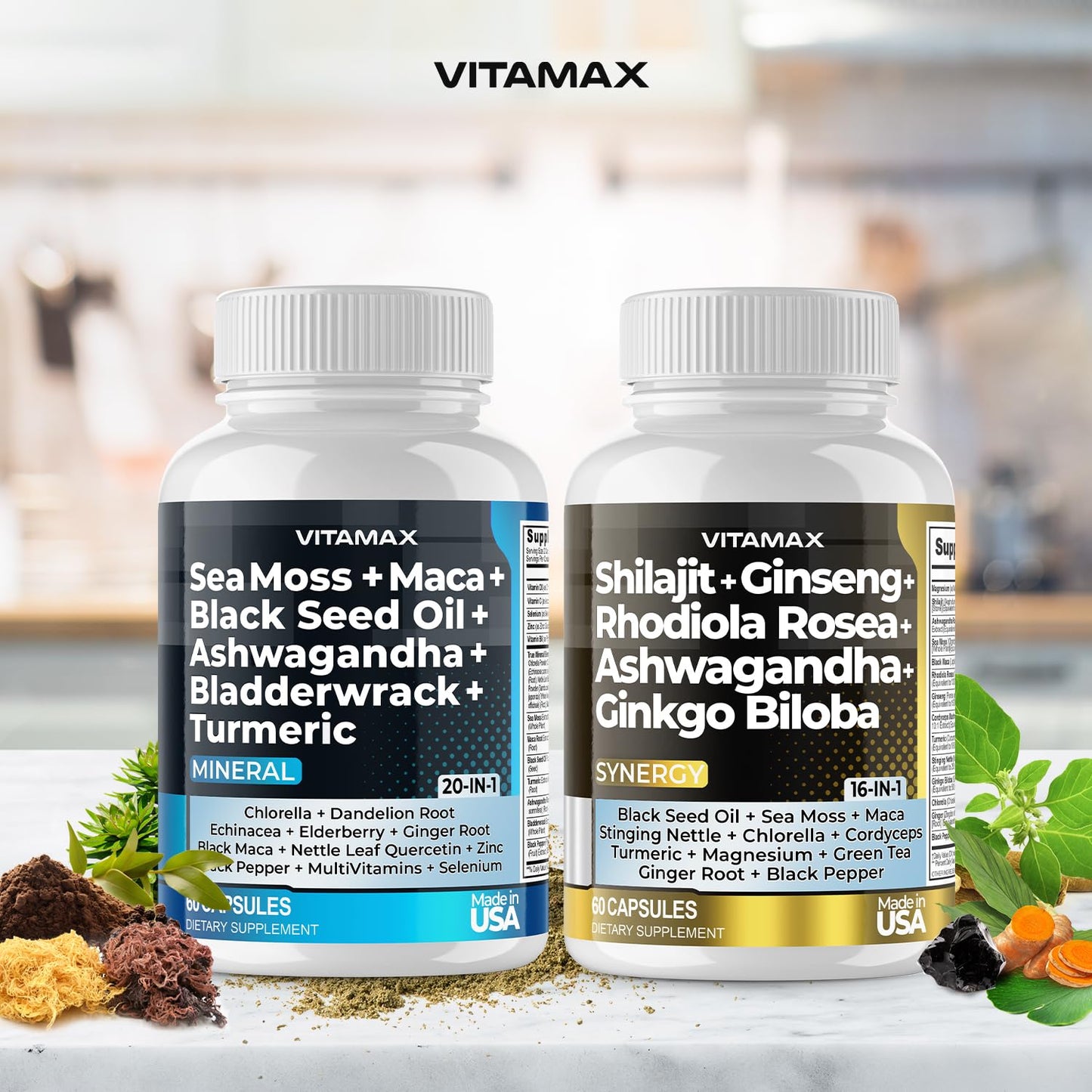 Vitamax Pure Himalayan Shilajit Supplement with Sea Moss, Ashwagandha, Bladderwrack, Ginkgo Biloba, Organic Capsules & Trace Minerals - Non-GMO - Vegan - Made in USA - 120 Capsules