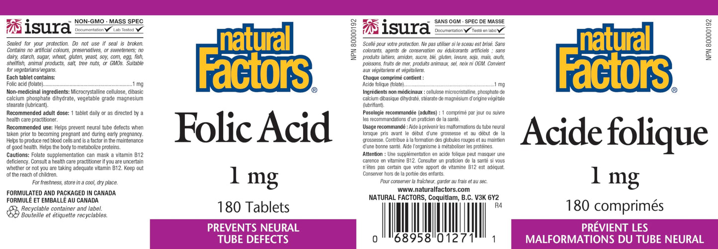 Natural Factors Folic Acid 1mg Tablet, 180 Count