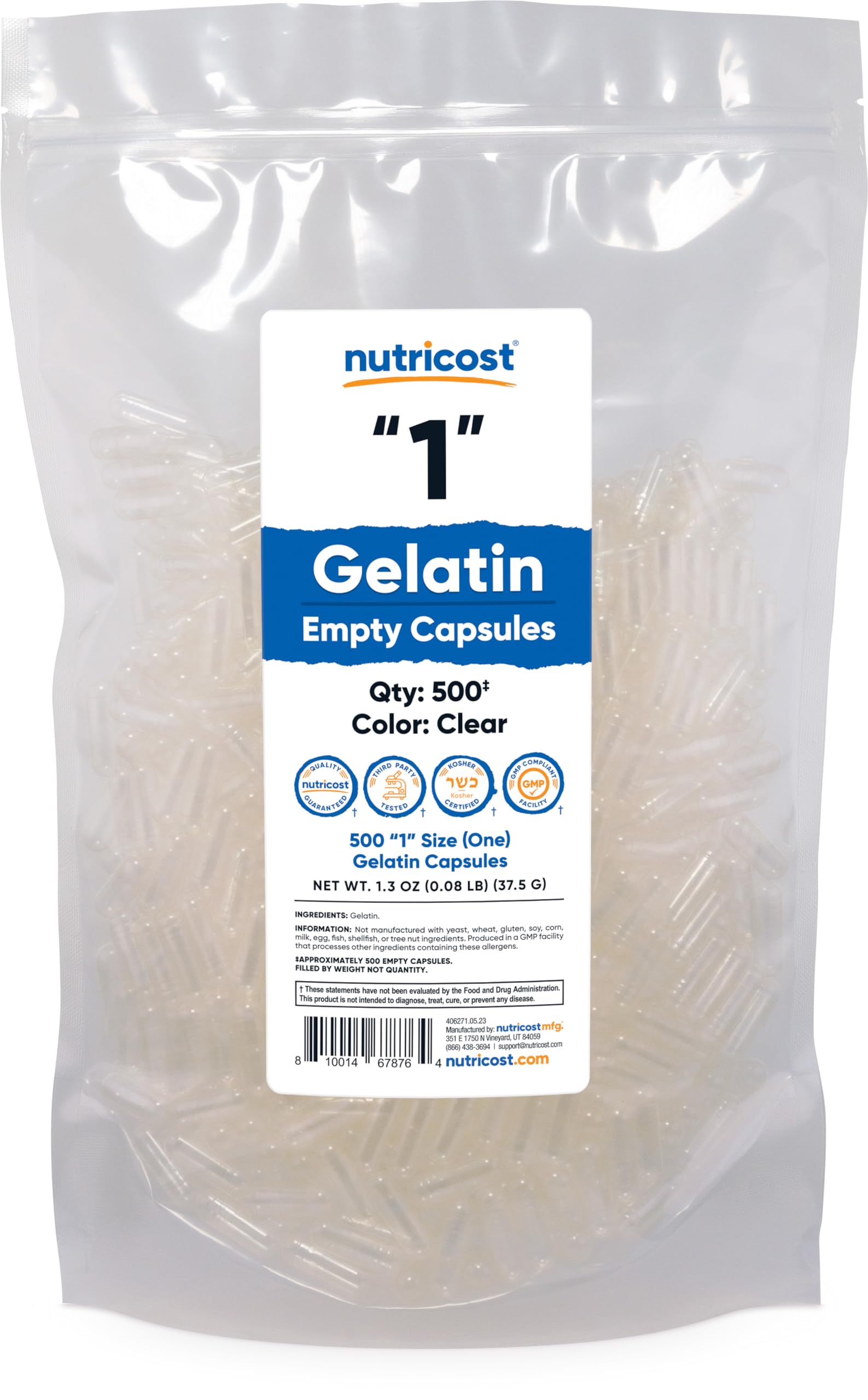 Nutricost Empty Gelatin Capsules Size 1, 500 Count Capsules