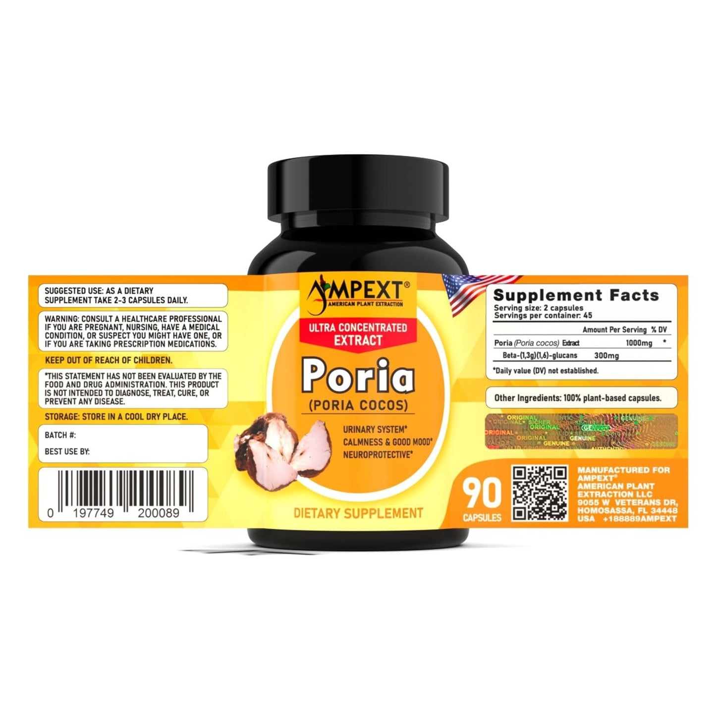 AMPEXT Poria Cocos Mushroom Extract Capsules, 90 Veg Caps