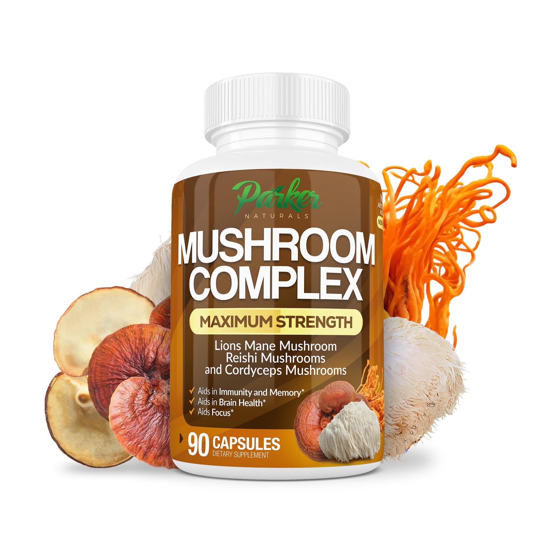 Parker Naturals Mushroom Complex Premium Lions Mane, Cordyceps, and Reishi Mushroom Supplement, 90 Capsules