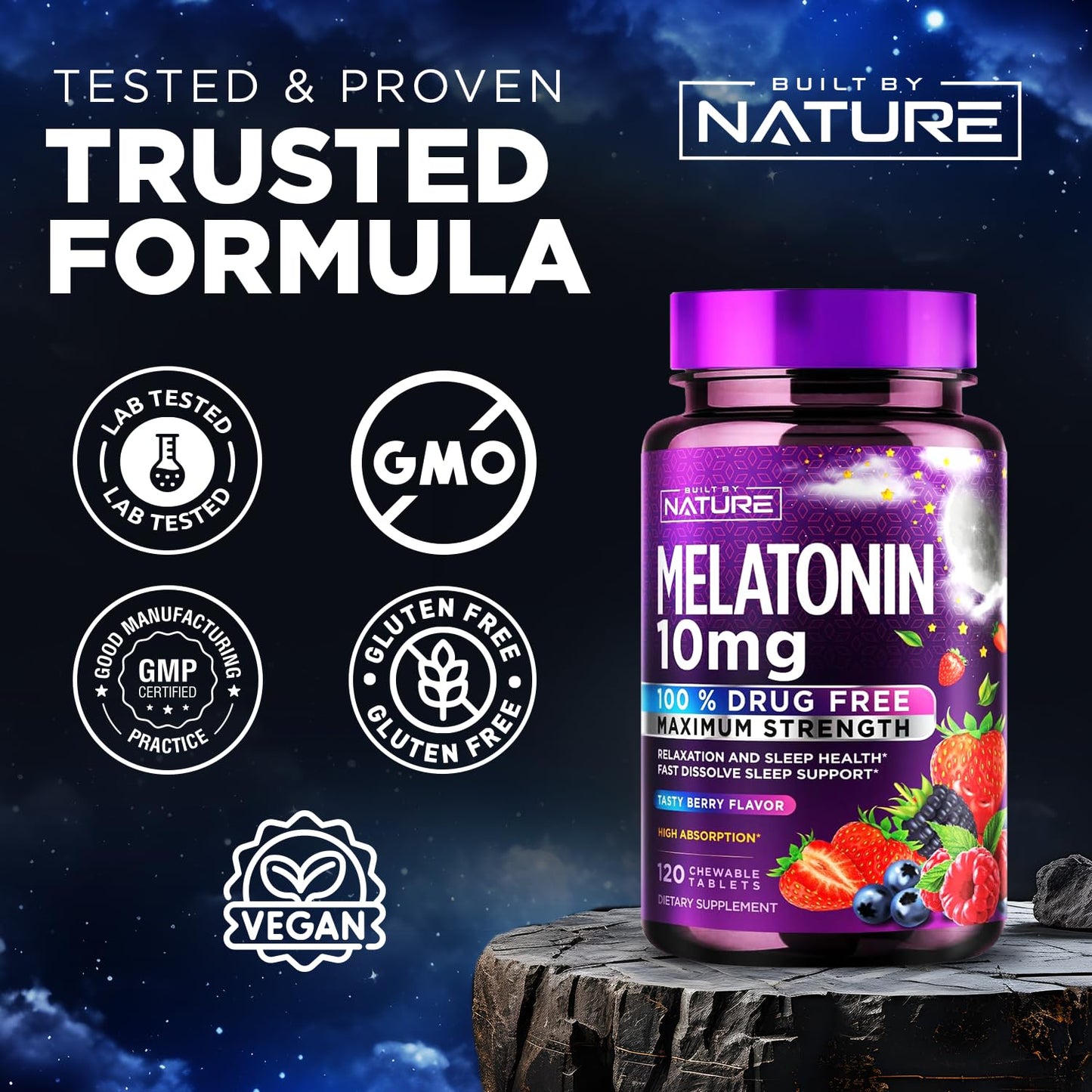 Built by Nature Melatonin 10mg Chewables, Berry Flavor 120 Tablets