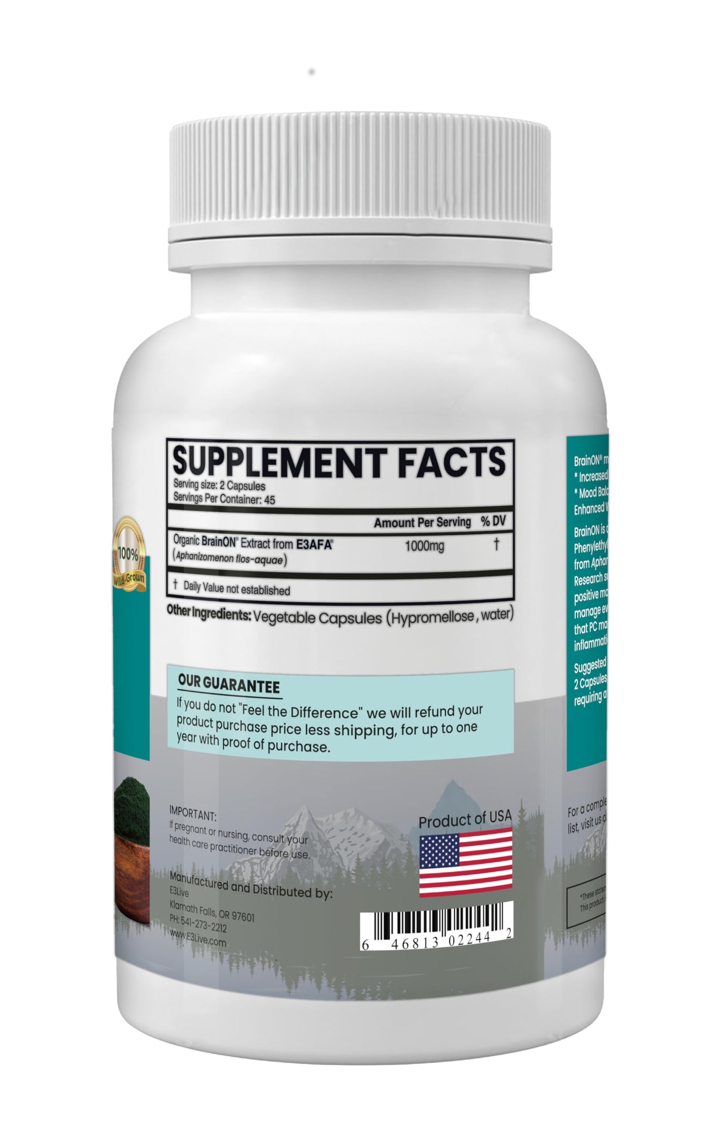 E3LIVE BrainON Wild-Harvested AFA Extract for Mood Balance & Focus Capsule 90 Count