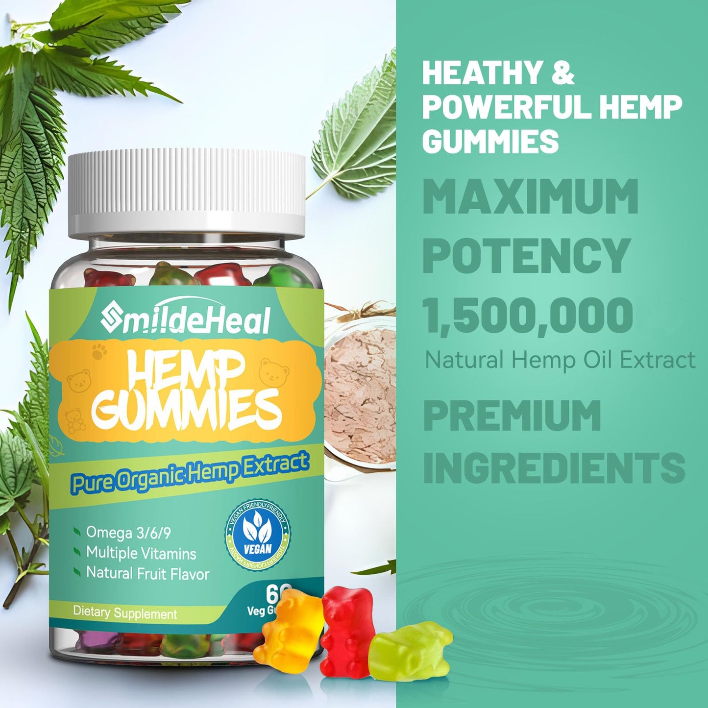 SmildeHeal Organic Hemp Gummies with Hemp Oil Extract, 120 Gummies