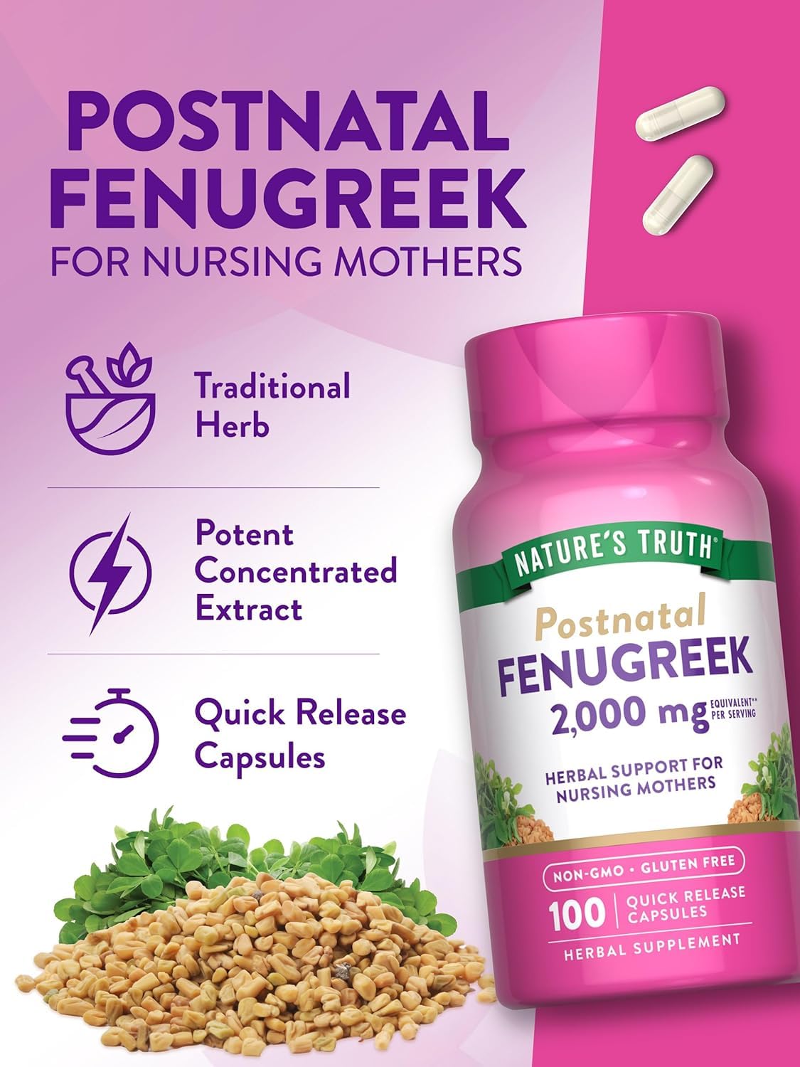 Nature's Truth Fenugreek 2000 mg Capsules, 100 Count
