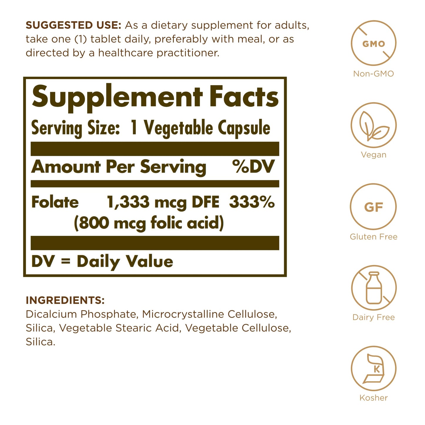 Solgar Folate 1,333 mcg DFE (Folic Acid 800 mcg) Capsule, 250 Count