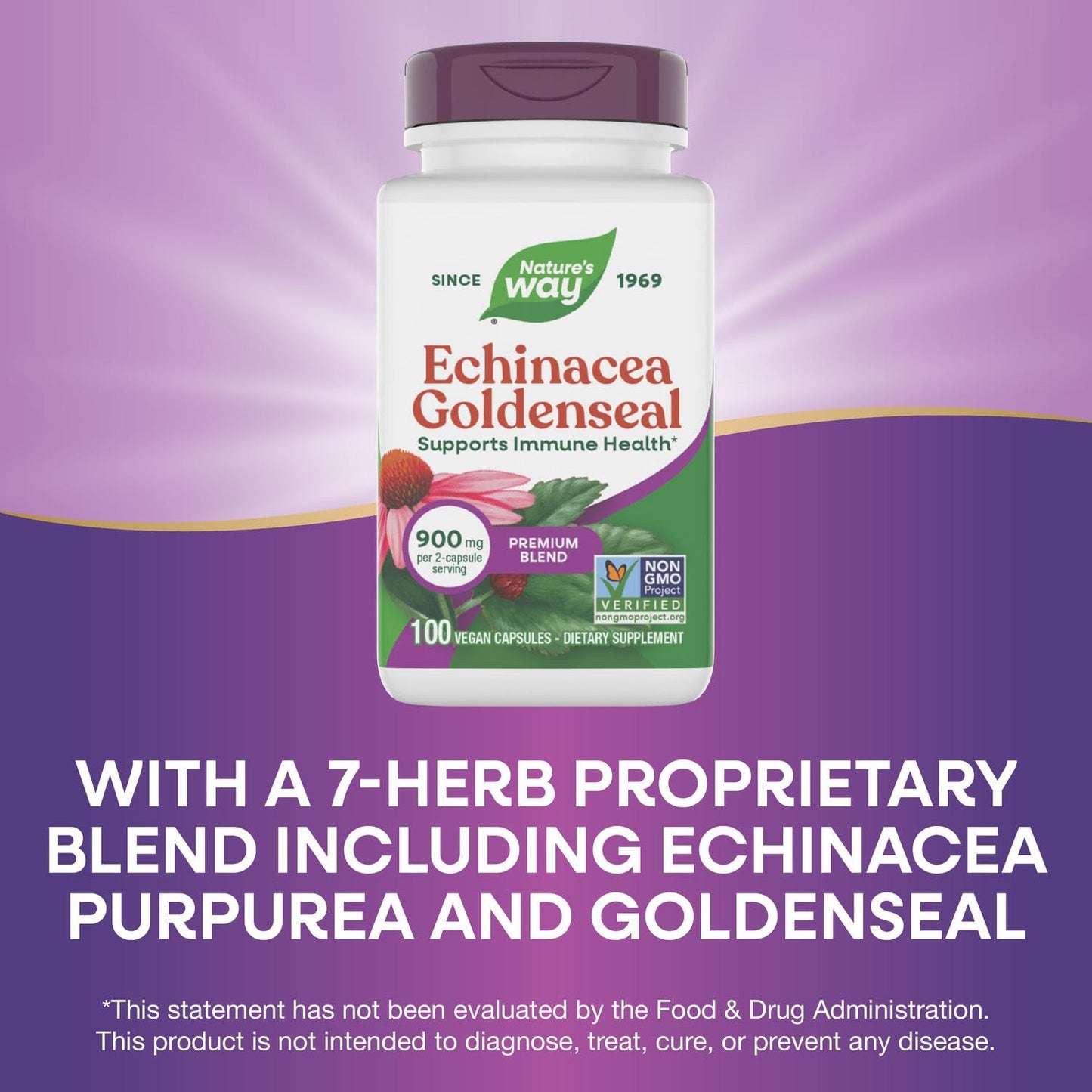 Nature's Way Echinacea Goldenseal Premium Blend Supports Immune Health*, 900 mg per 2-Capsule Serving, Non-GMO Project Verified, Vegan, 100 Capsules