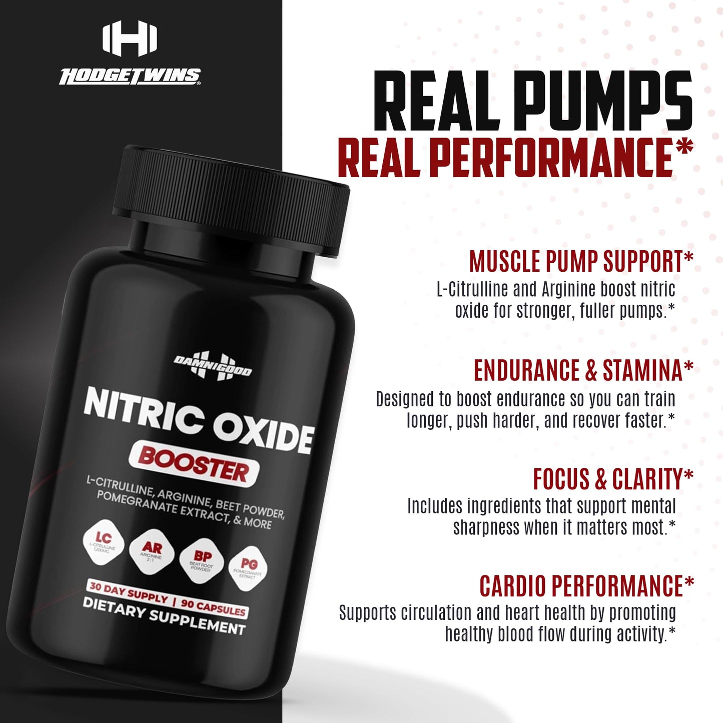 DAMN GOOD Hodge Twins Nitric Oxide, L-Arginine & L-Citrulline Capsules 90 Count