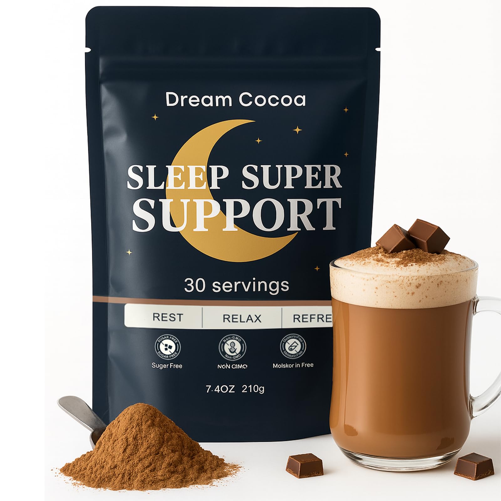 Dream Cocoa Magnesium Hot Cocoa Powder, 7.4 oz, Melatonin-Free Sleep Support with Reishi Mushroom, L-Theanine & Zinc Glycinate